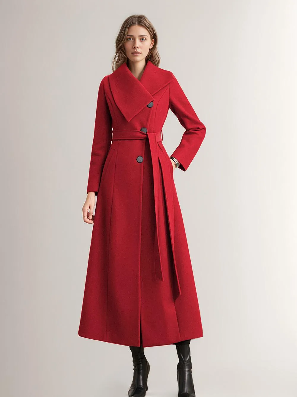 Sash Burgundy Long Coat Woman Warm Winter Outerwear 2024