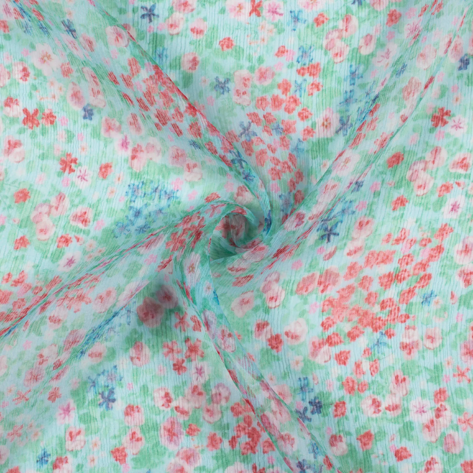 Seafoam Green Red Floral Bemberg Chiffon Fabric Digital Print