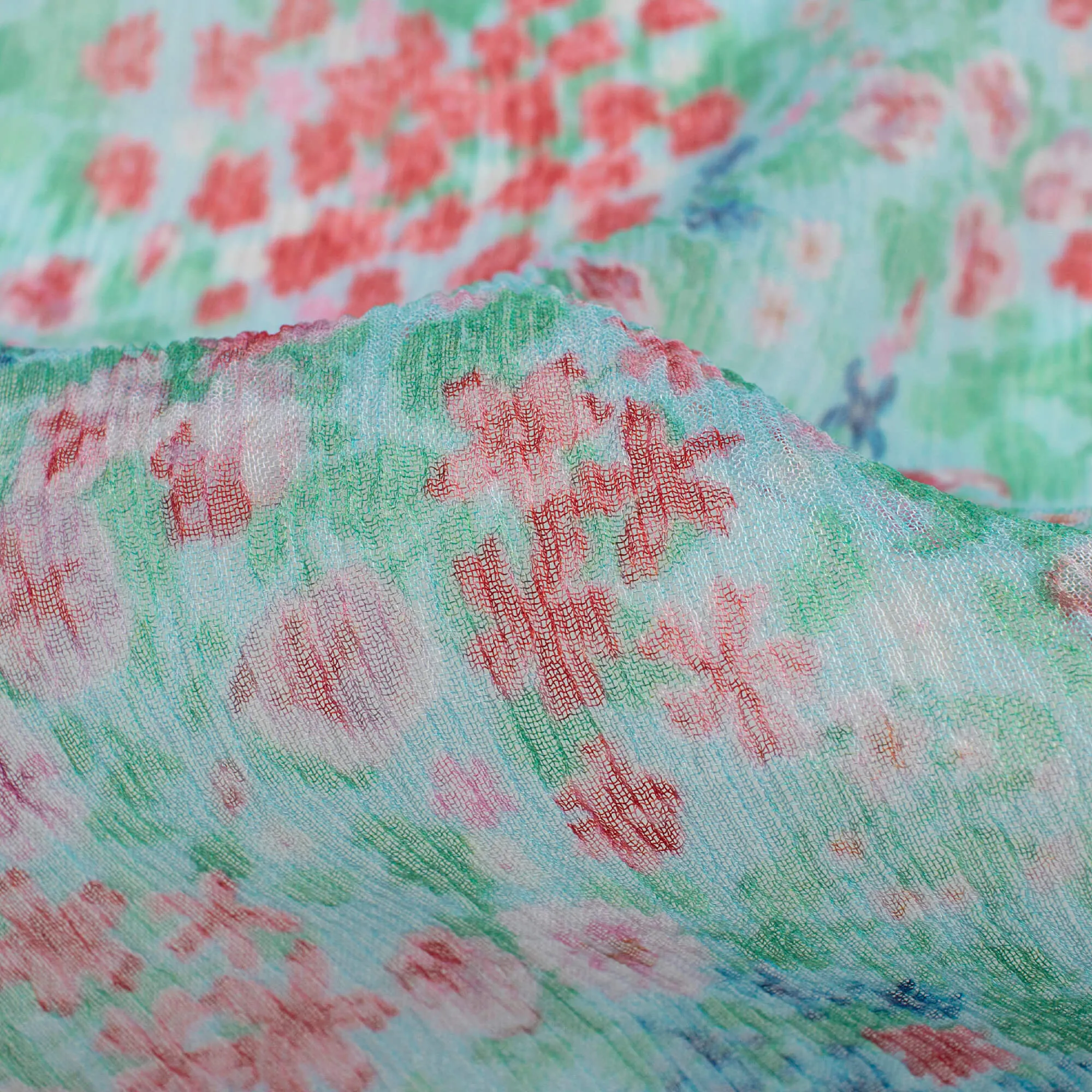 Seafoam Green Red Floral Bemberg Chiffon Fabric Digital Print