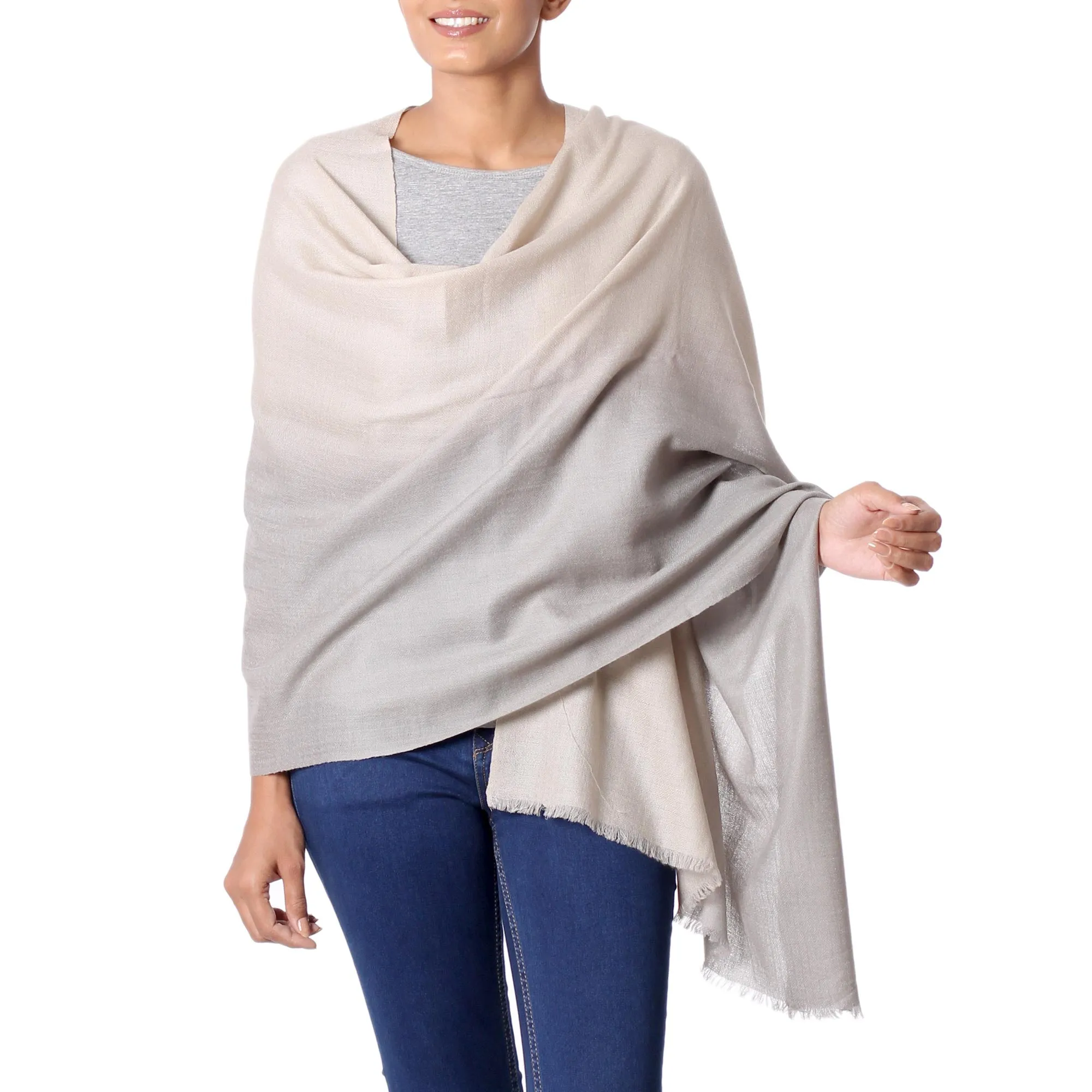 Soft Kashmiri Wool Shawl Wrap | Beige to Grey | Indian Warm Shrug