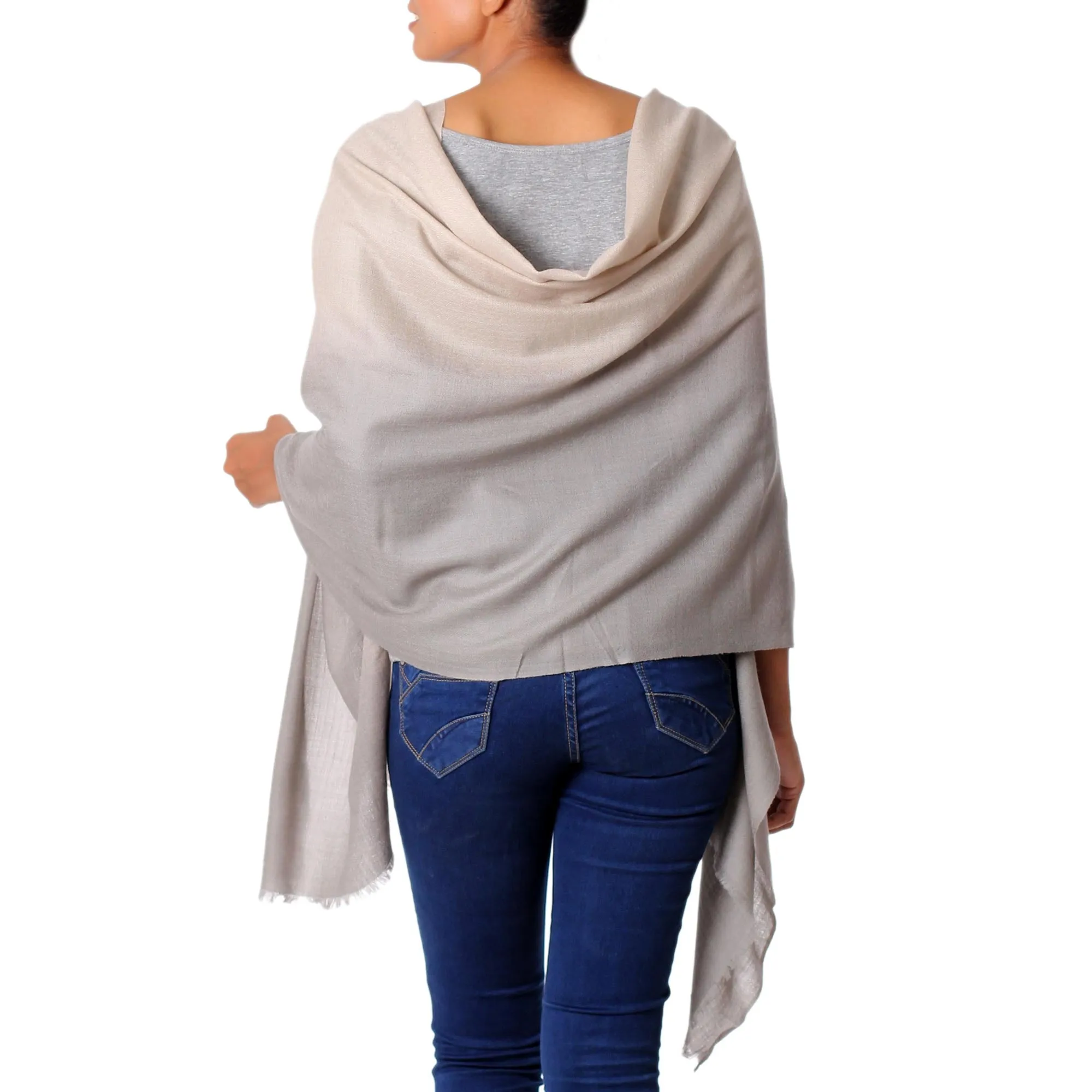 Soft Kashmiri Wool Shawl Wrap | Beige to Grey | Indian Warm Shrug