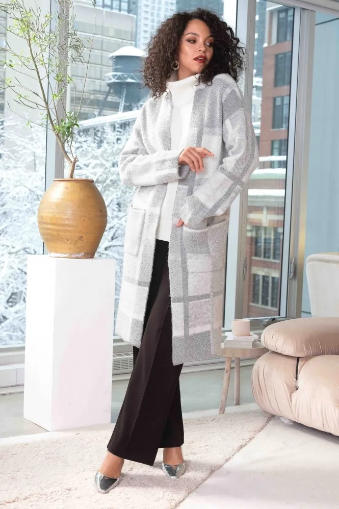 Square Pattern Long Coat - Multicolor - Style A44291