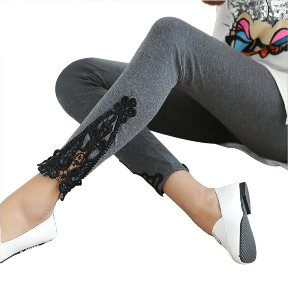 Stretchy Women's Casual Leggings with Lace Detail - Comfortable Workout Pants