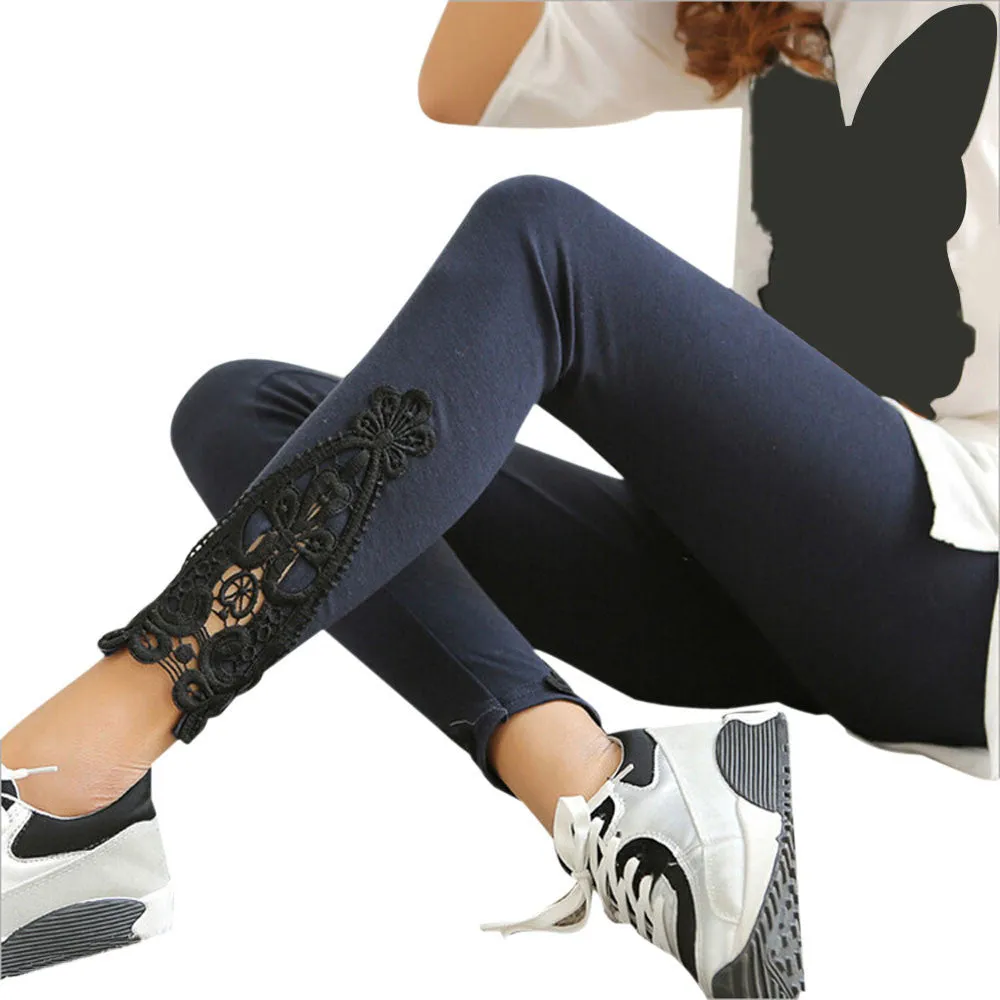 Stretchy Women's Casual Leggings with Lace Detail - Comfortable Workout Pants