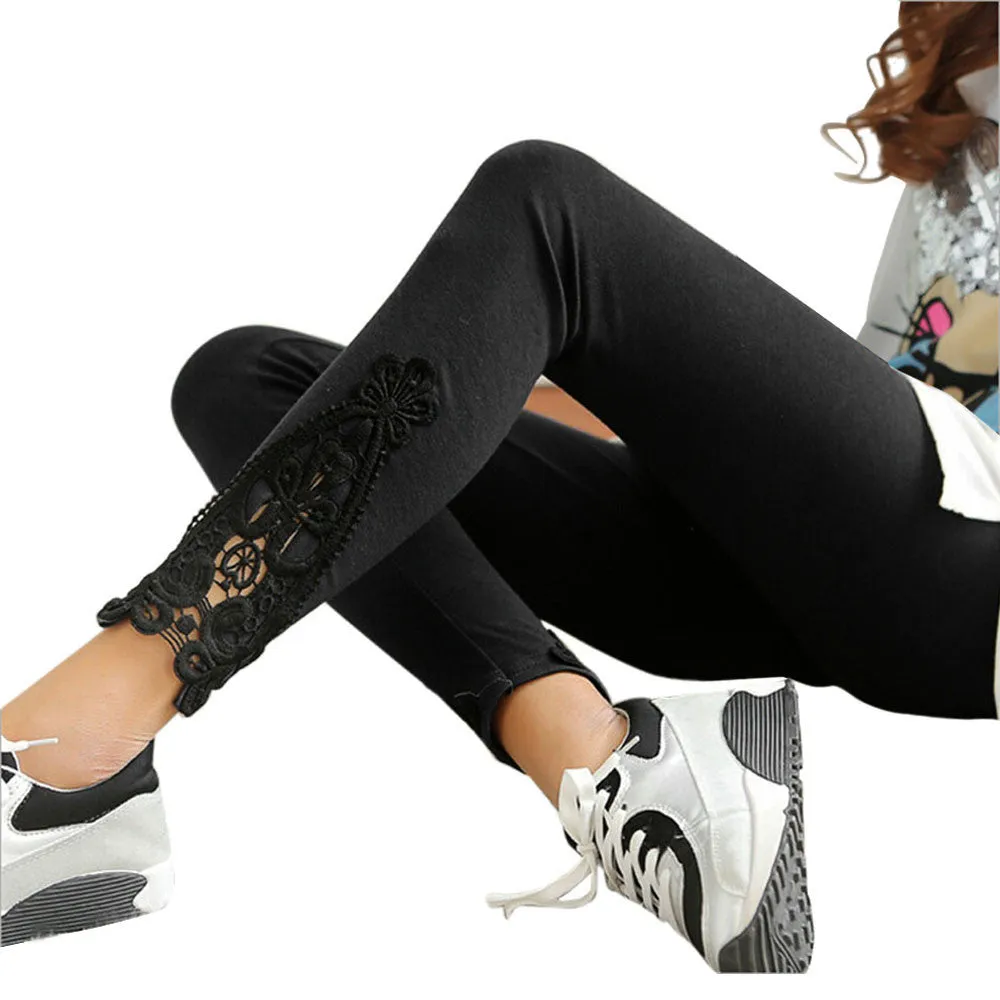 Stretchy Women's Casual Leggings with Lace Detail - Comfortable Workout Pants