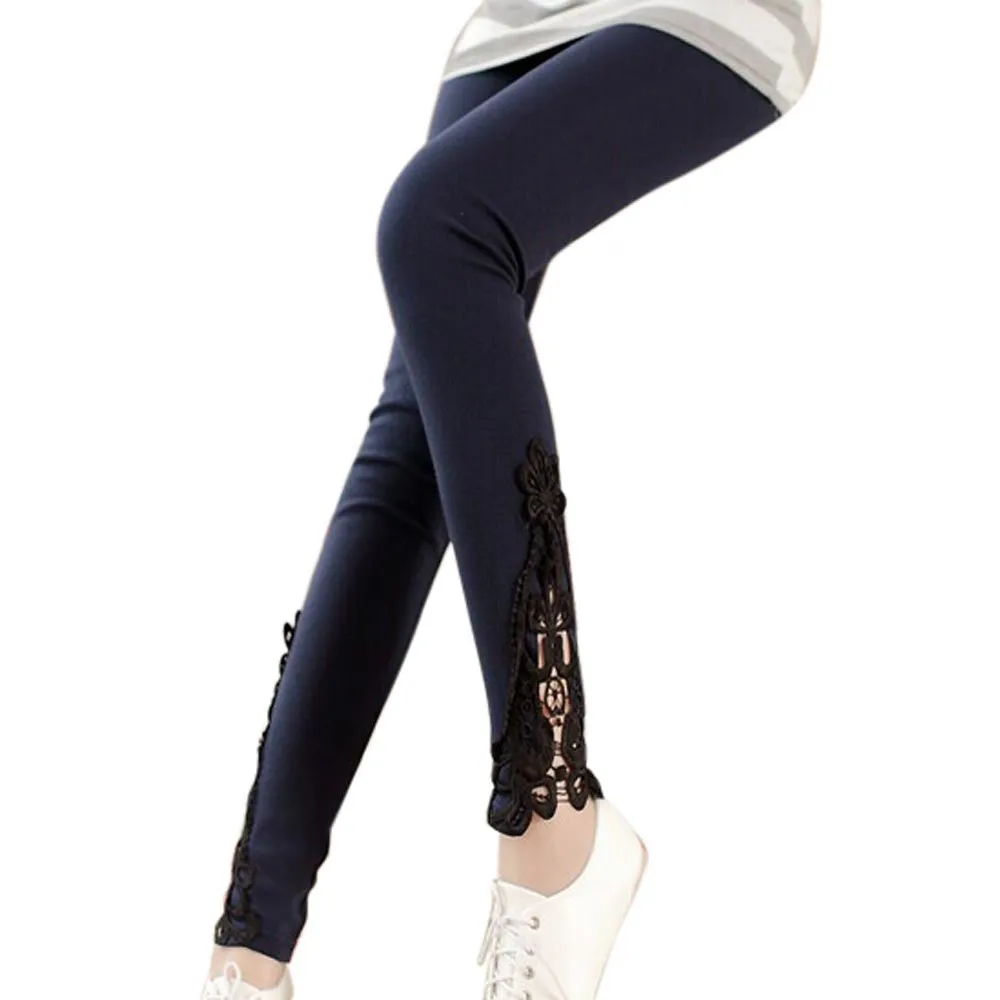 Stretchy Women's Casual Leggings with Lace Detail - Comfortable Workout Pants