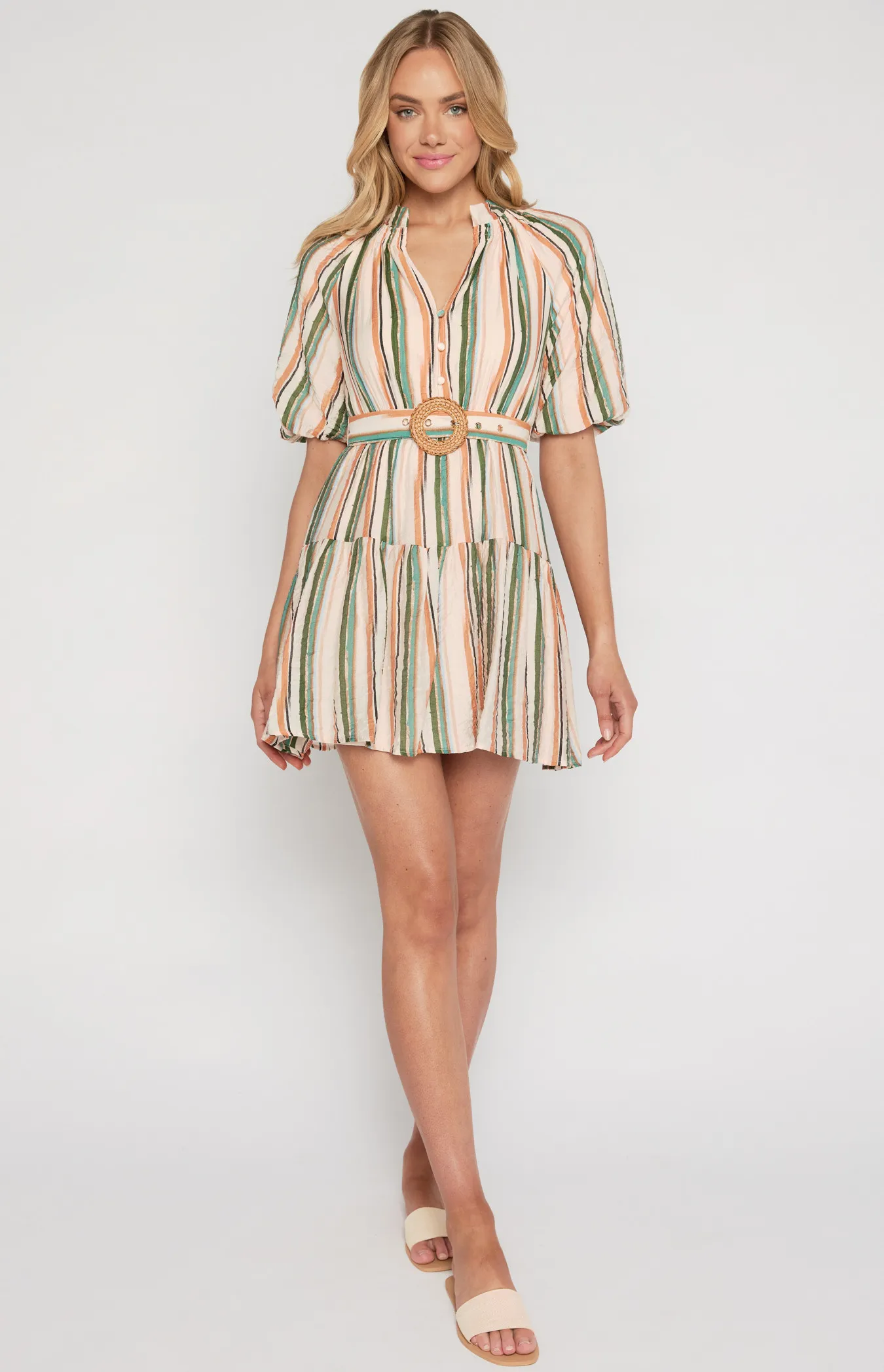 Striped Shirred Neckline Dress with Rattan Buckle