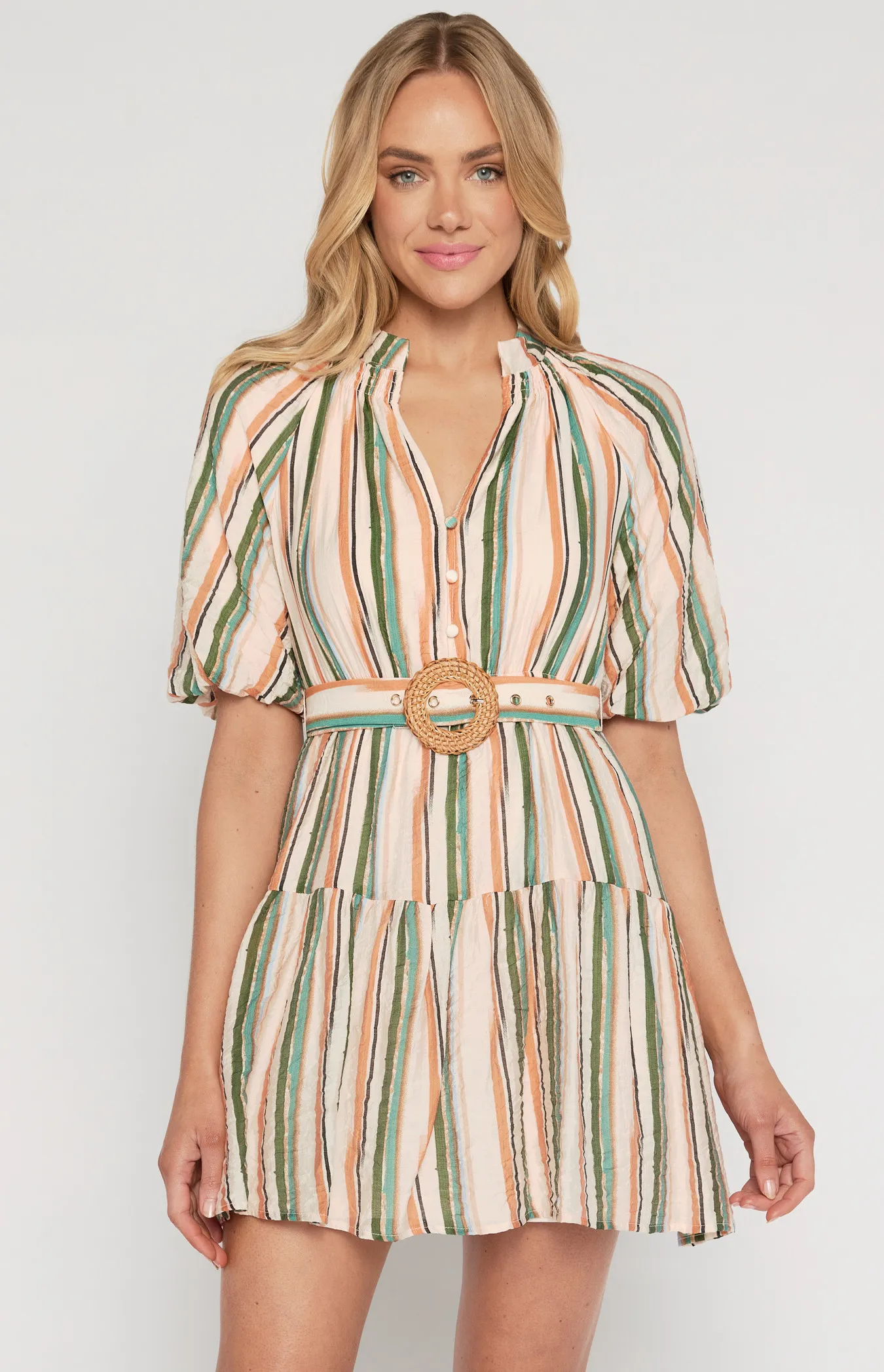 Striped Shirred Neckline Dress with Rattan Buckle