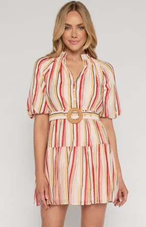 Striped Shirred Neckline Dress with Rattan Buckle