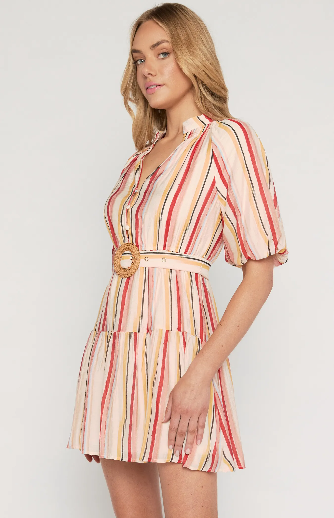 Striped Shirred Neckline Dress with Rattan Buckle