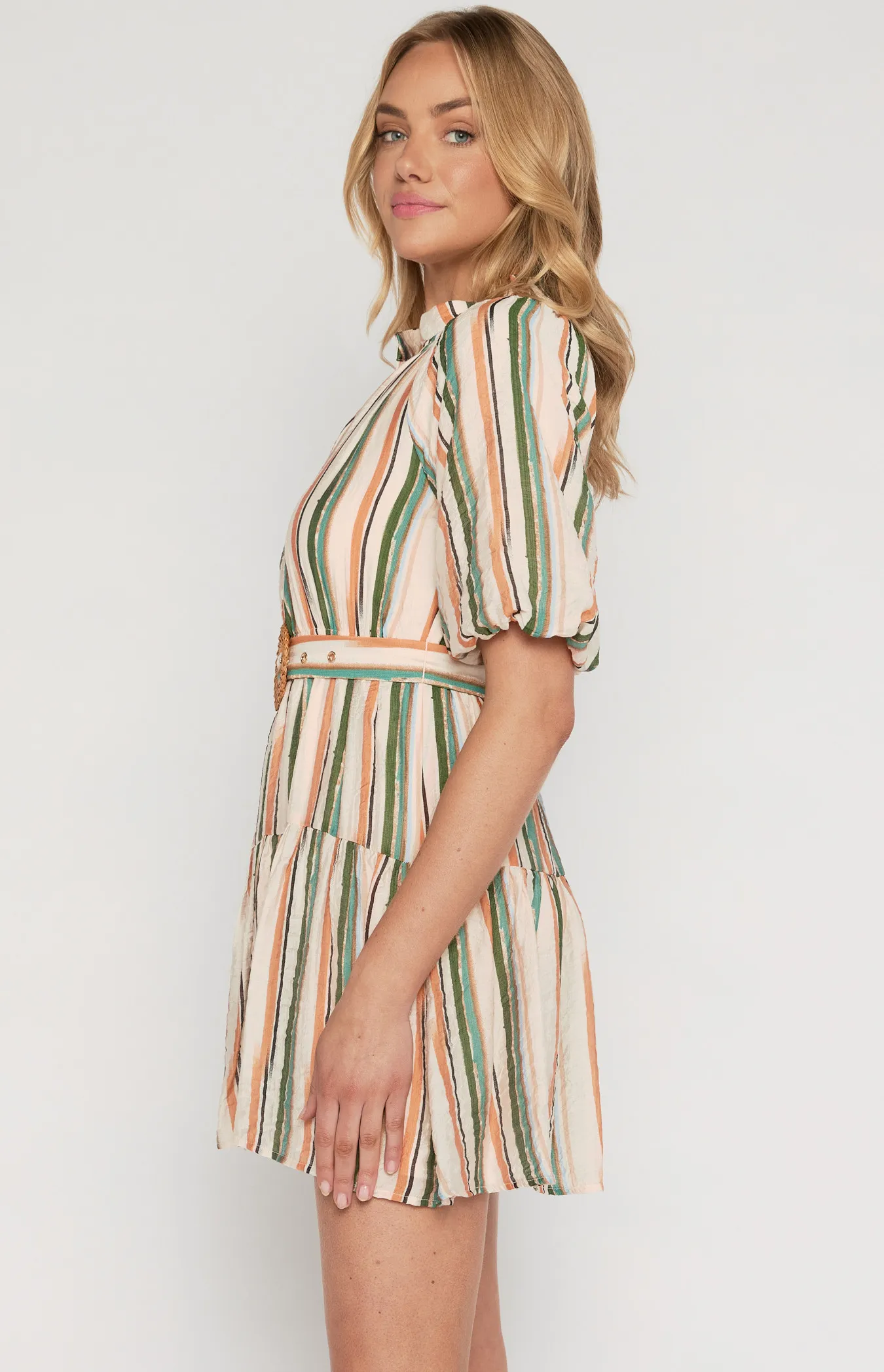 Striped Shirred Neckline Dress with Rattan Buckle