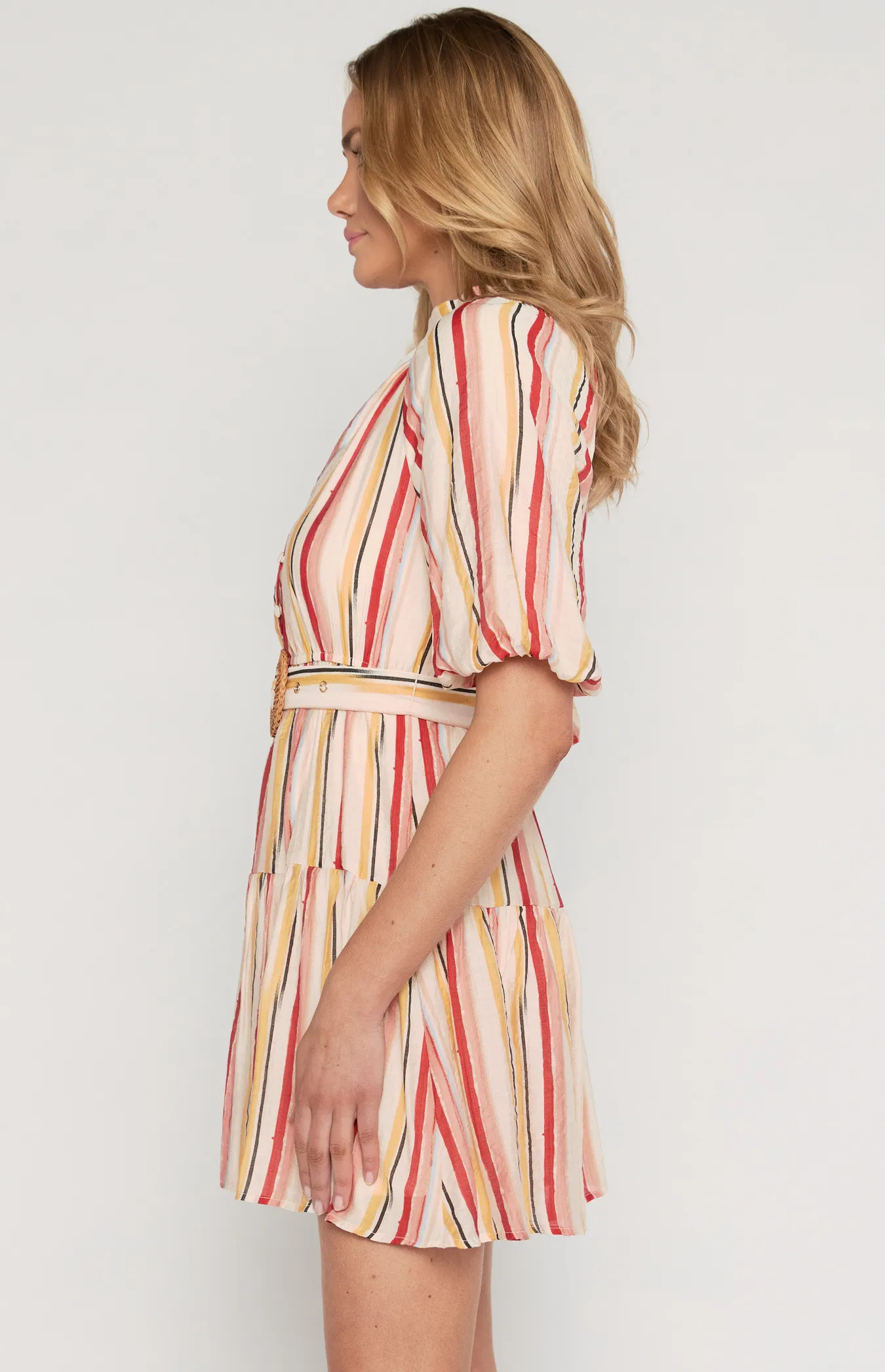 Striped Shirred Neckline Dress with Rattan Buckle