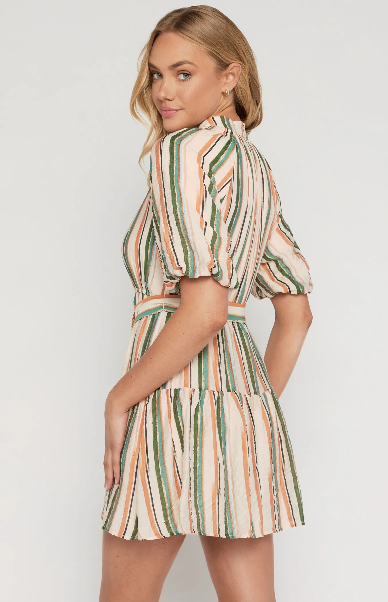 Striped Shirred Neckline Dress with Rattan Buckle