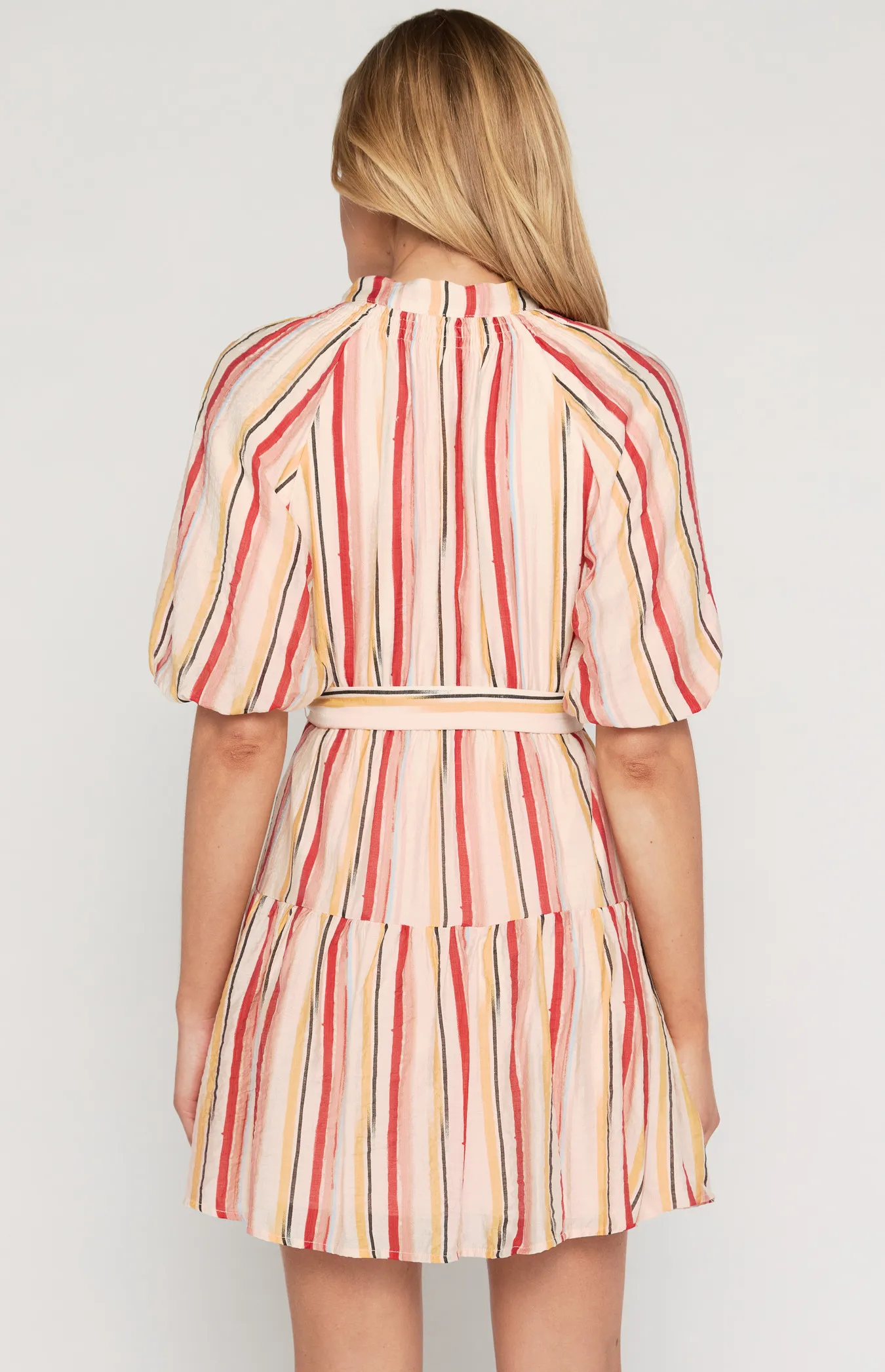 Striped Shirred Neckline Dress with Rattan Buckle