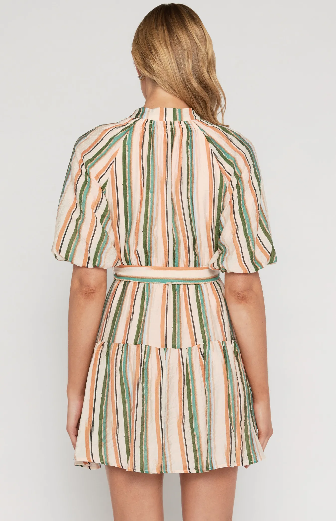 Striped Shirred Neckline Dress with Rattan Buckle