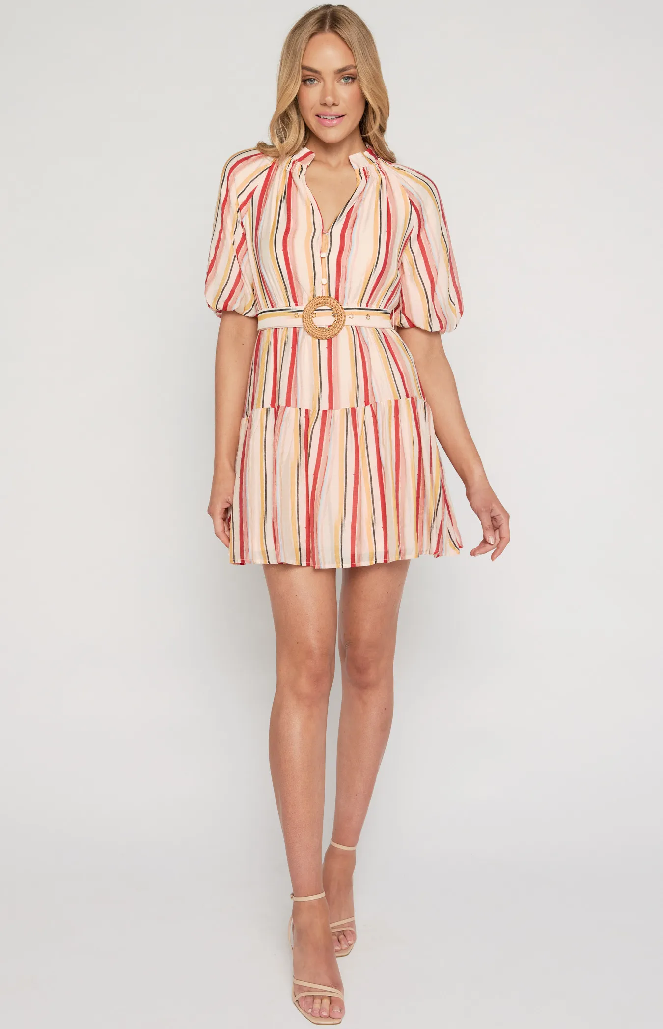 Striped Shirred Neckline Dress with Rattan Buckle