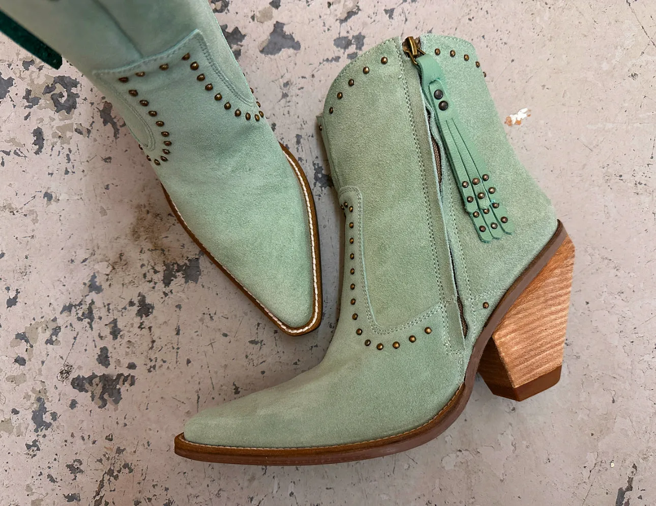 Studded Mint Suede Booties - Classy and Sassy - Size DS