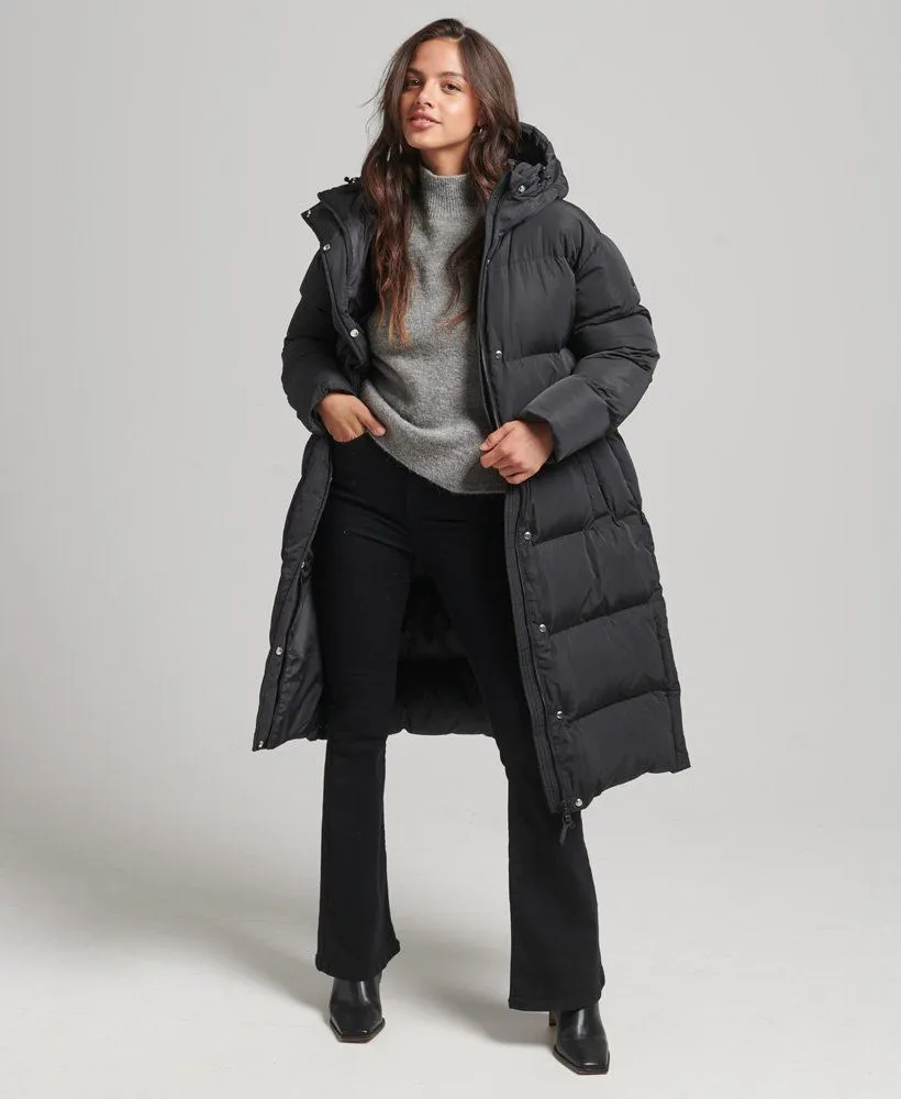 Black Superdry Womens Hooded Longline Puffer Jacket