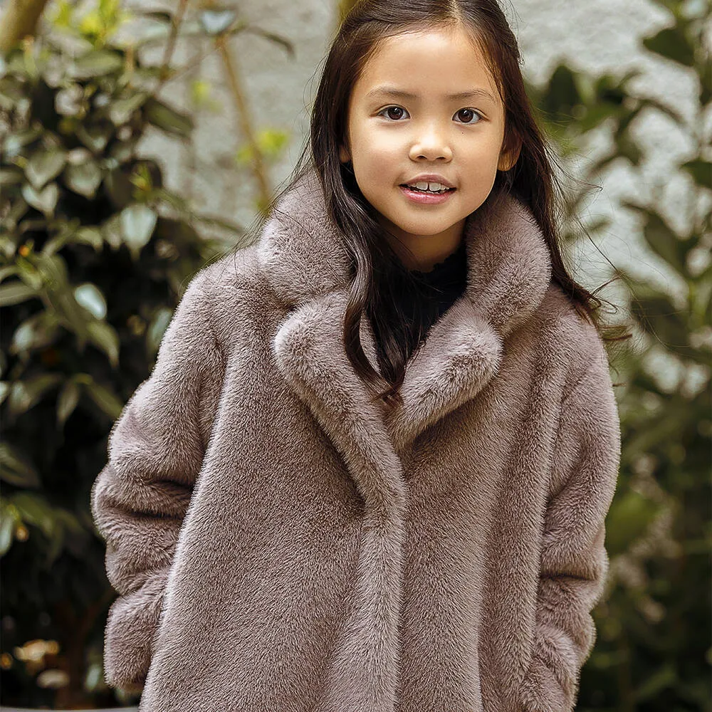 Taupe Brown Faux Fur Coat for Girls