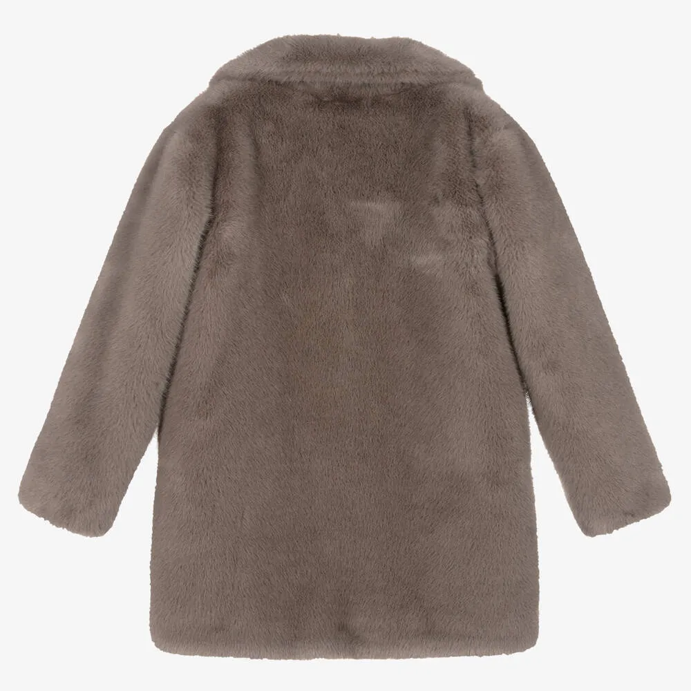 Taupe Brown Faux Fur Coat for Girls