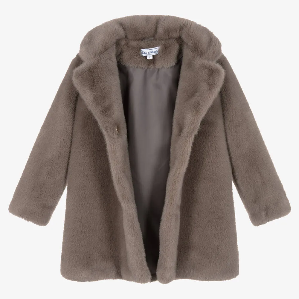 Taupe Brown Faux Fur Coat for Girls