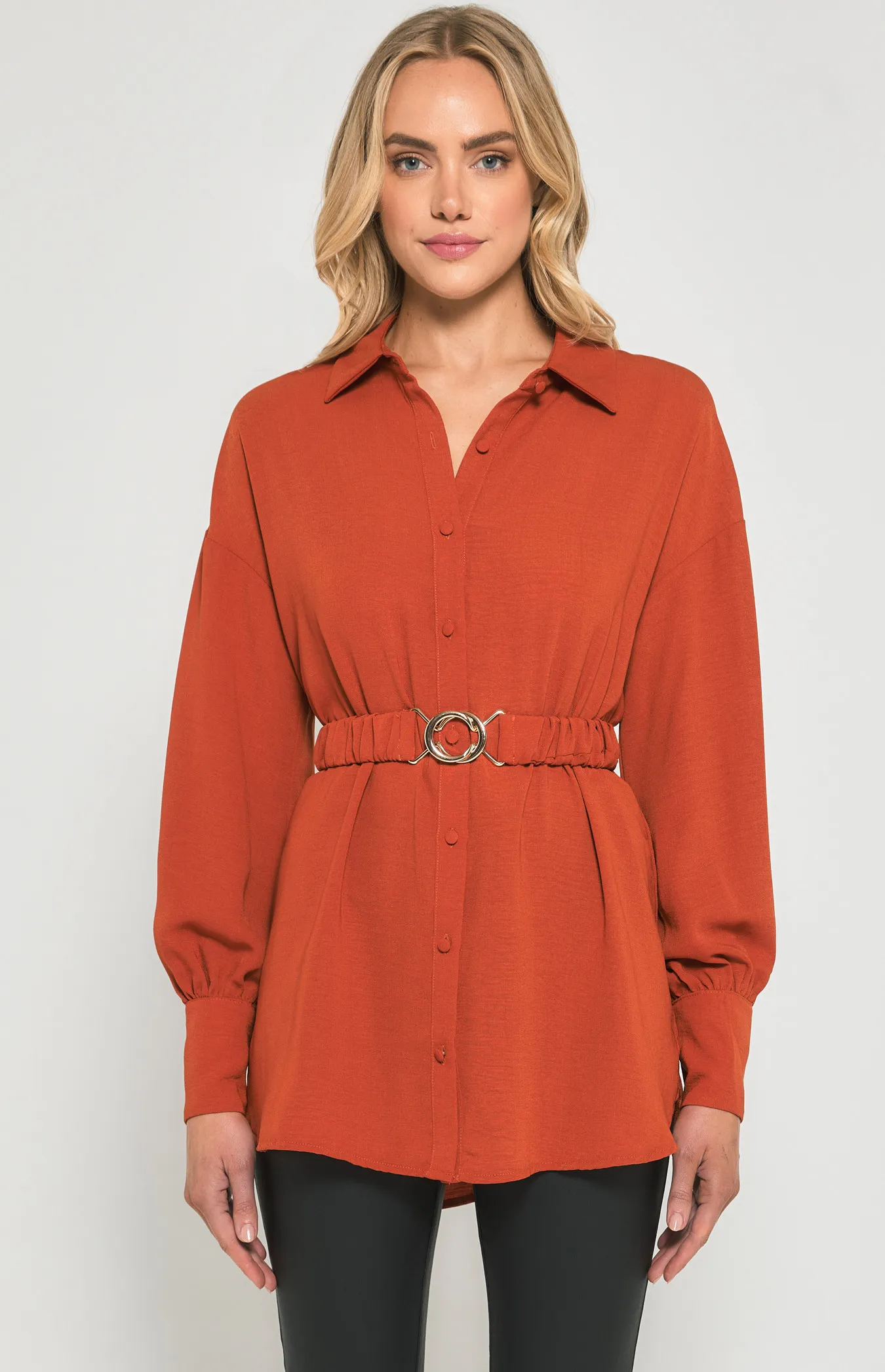 Textured Fabric Shirt Dress with Metal Buckle Detail