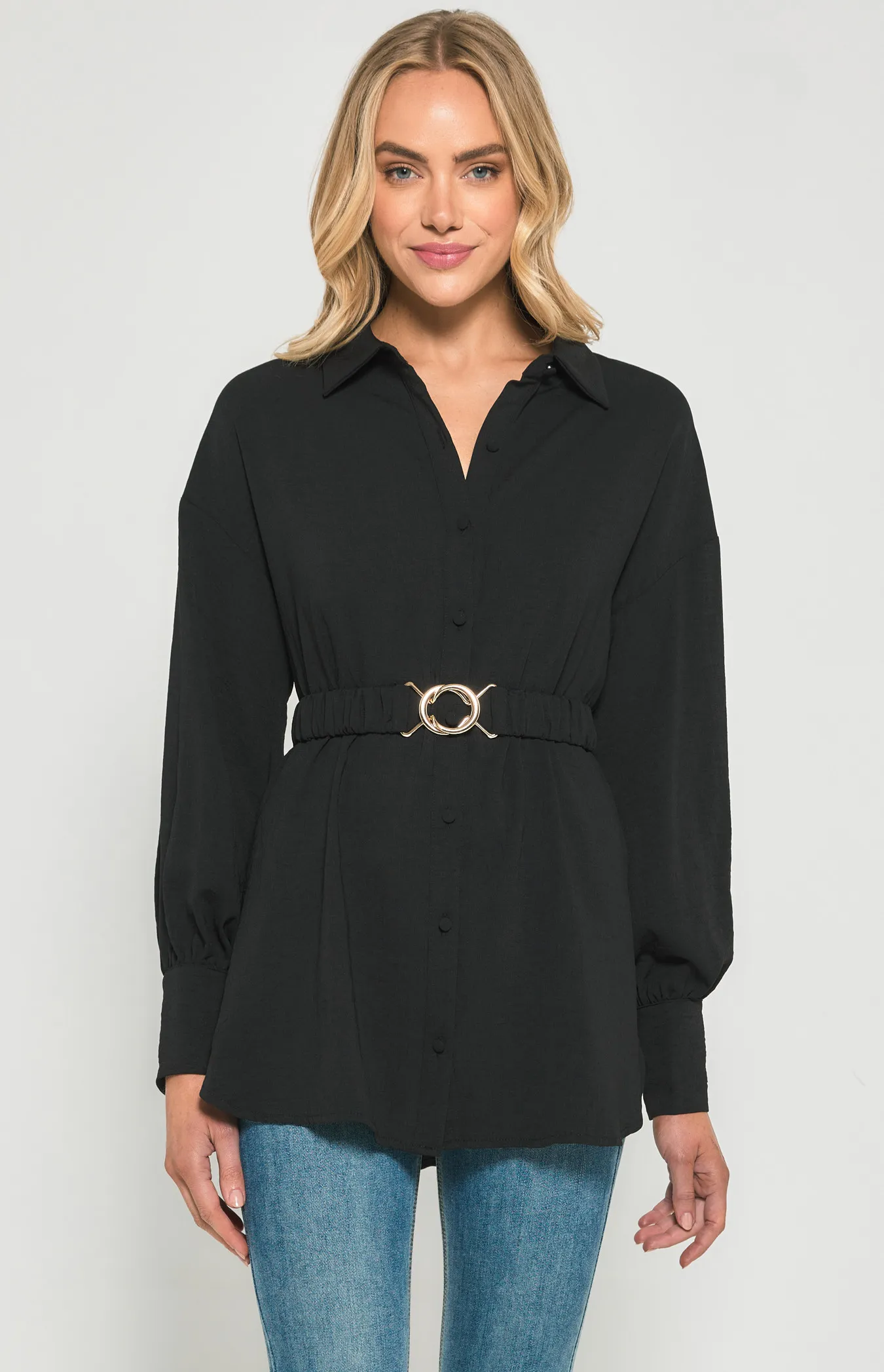 Textured Fabric Shirt Dress with Metal Buckle Detail