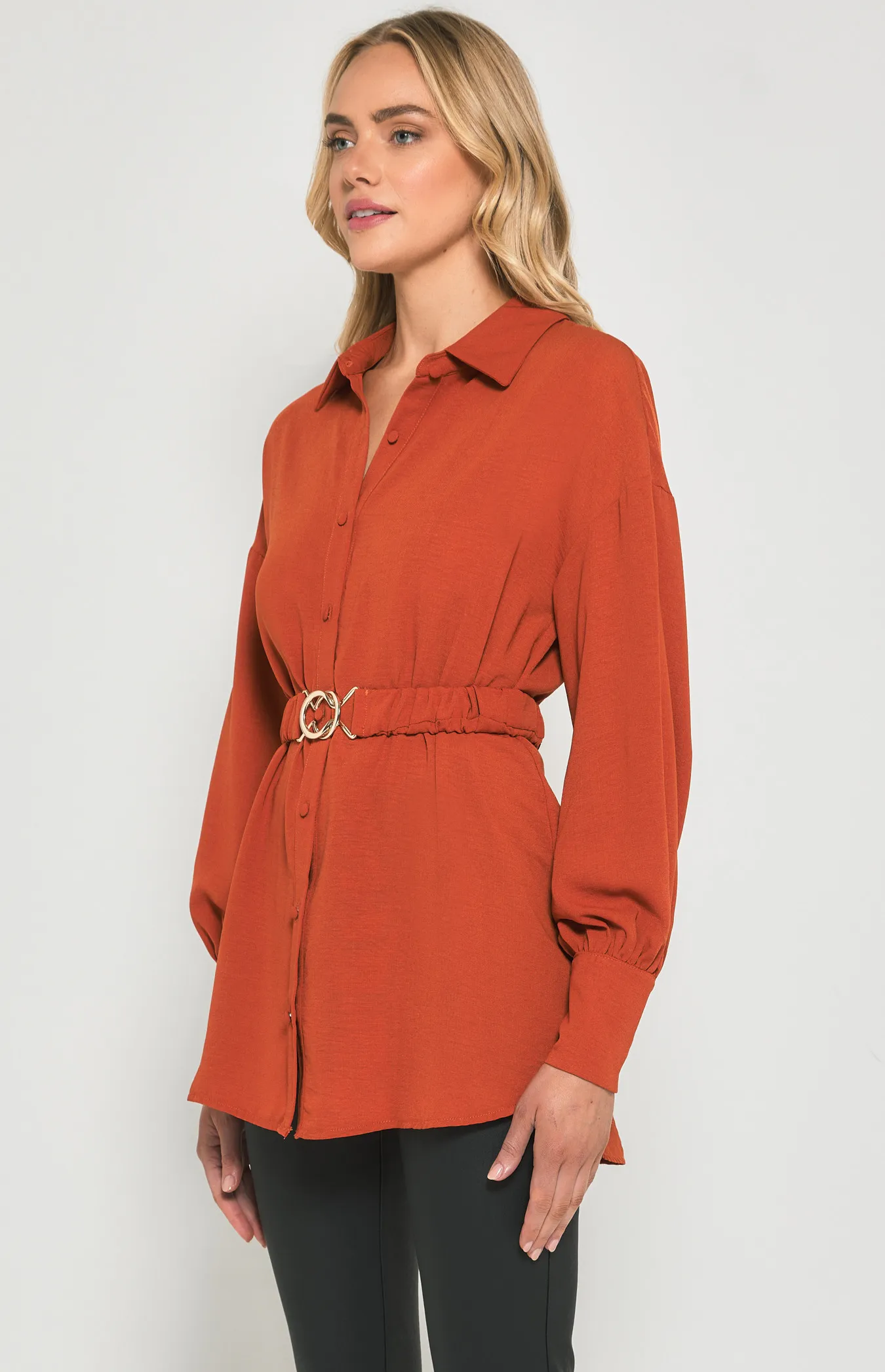 Textured Fabric Shirt Dress with Metal Buckle Detail