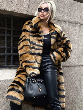 Tiger Print Faux Fur Coat: Eco-Friendly Winter Midi for Women 2024