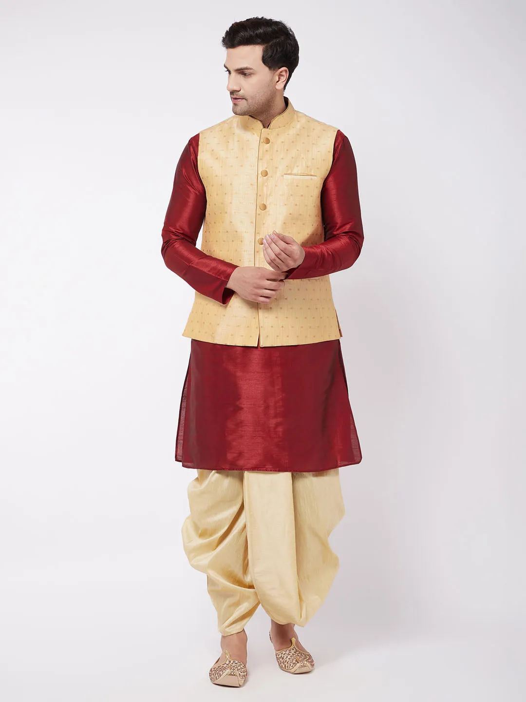 VASTRAMAY Gold Zari Weaved Men's Jacket & Kurta Dhoti Set