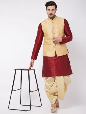 VASTRAMAY Gold Zari Weaved Men's Jacket & Kurta Dhoti Set