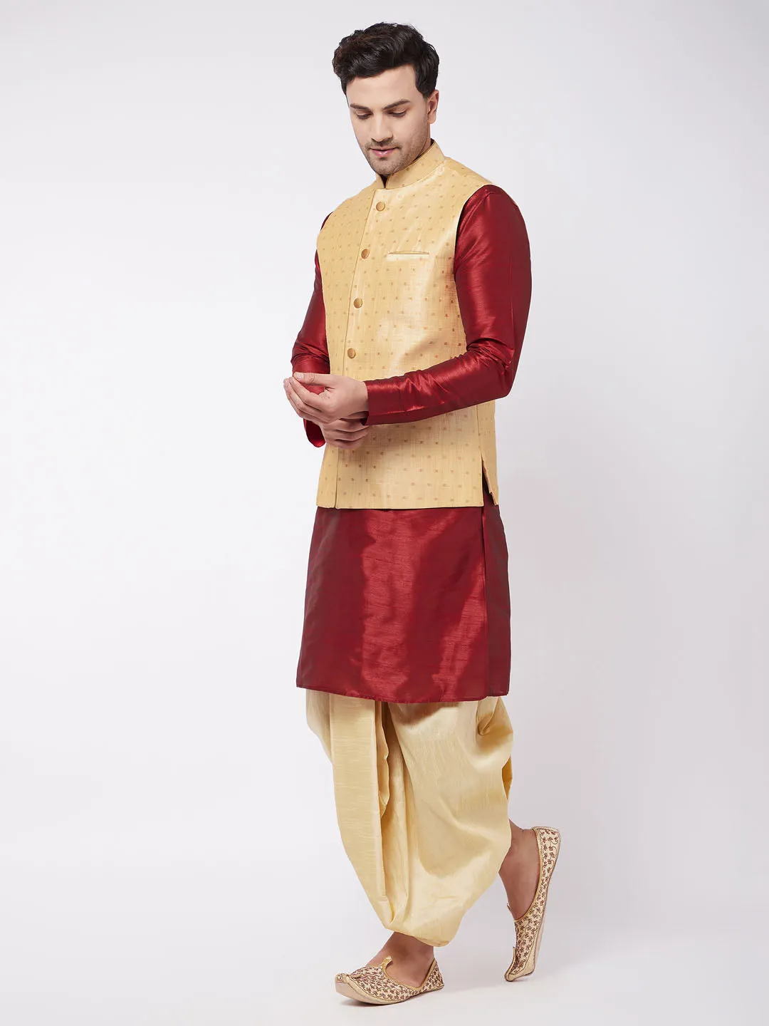 VASTRAMAY Gold Zari Weaved Men's Jacket & Kurta Dhoti Set