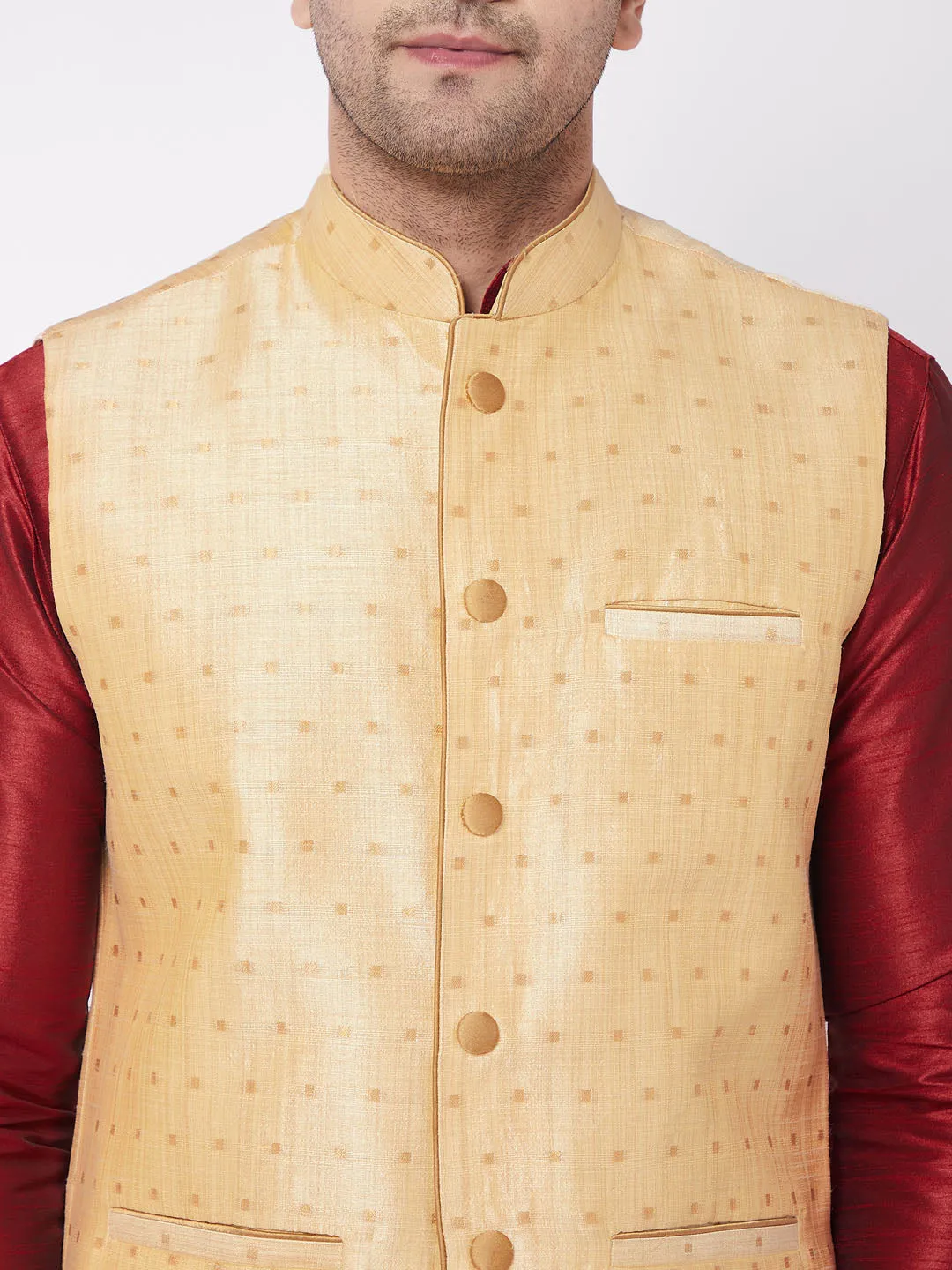 VASTRAMAY Gold Zari Weaved Men's Jacket & Kurta Dhoti Set