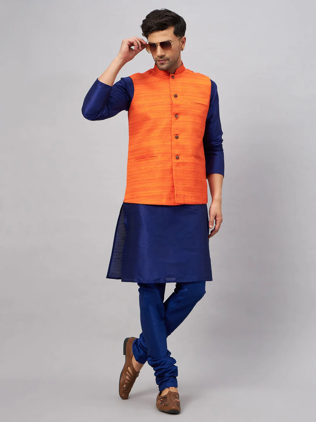 VASTRAMAY Men's Orange Jacket with Blue Silk Blend Kurta Pyjama Set