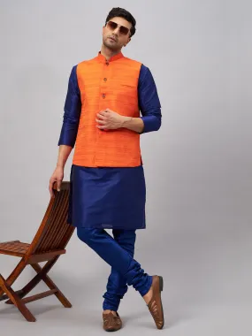 VASTRAMAY Men's Orange Jacket with Blue Silk Blend Kurta Pyjama Set