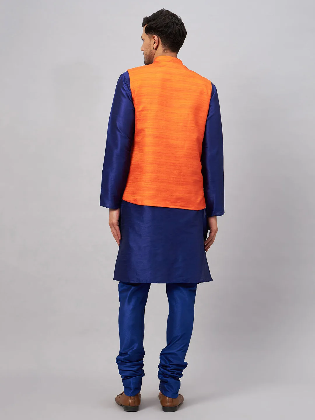 VASTRAMAY Men's Orange Jacket with Blue Silk Blend Kurta Pyjama Set