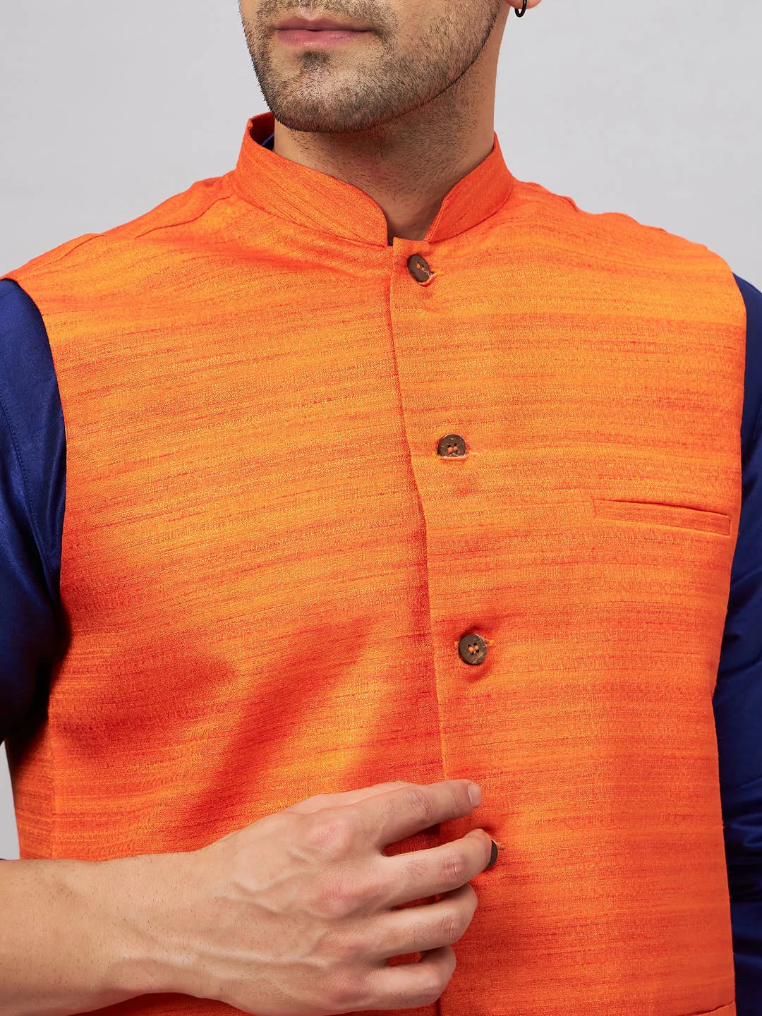 VASTRAMAY Men's Orange Jacket with Blue Silk Blend Kurta Pyjama Set