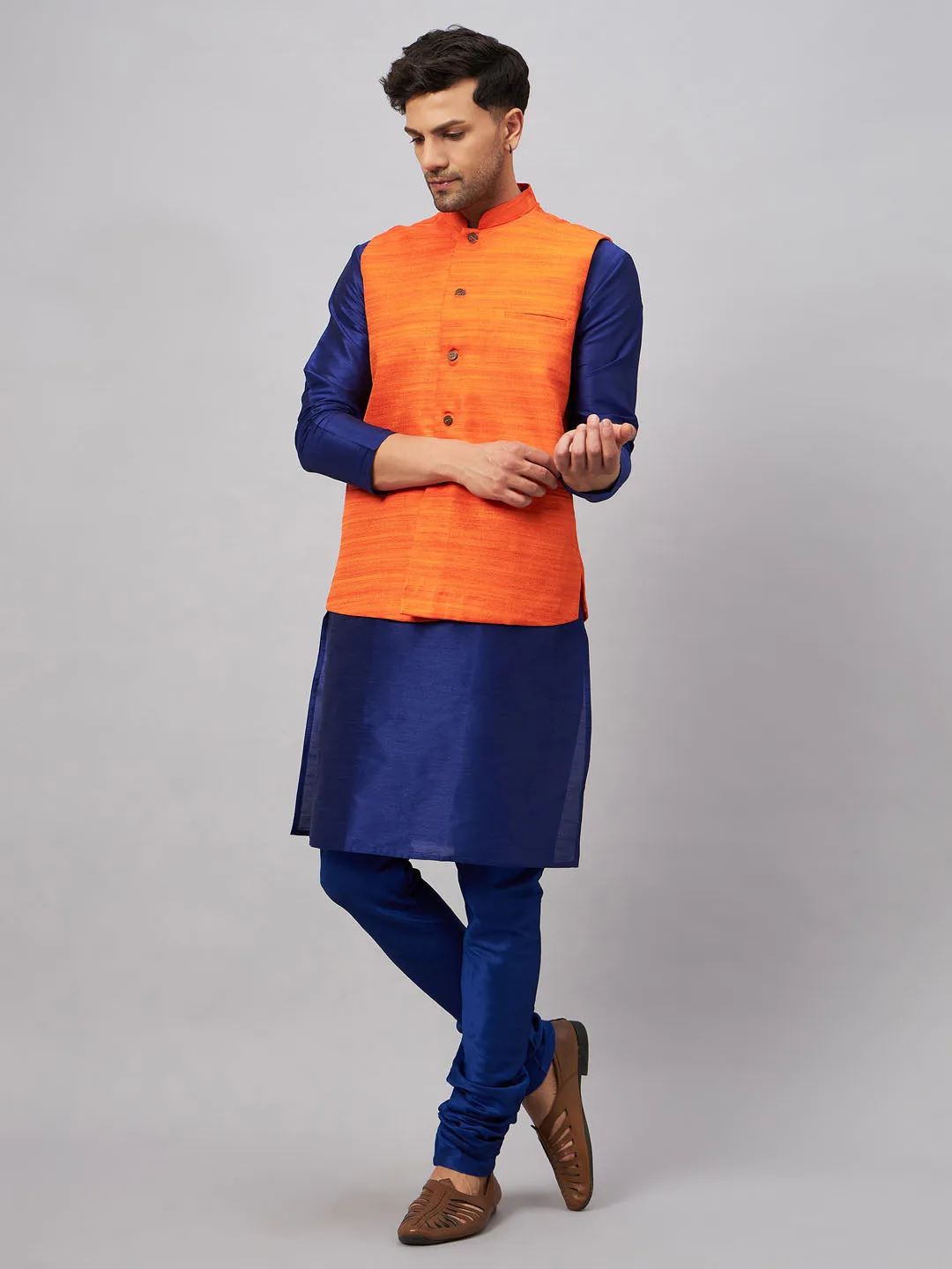 VASTRAMAY Men's Orange Jacket with Blue Silk Blend Kurta Pyjama Set