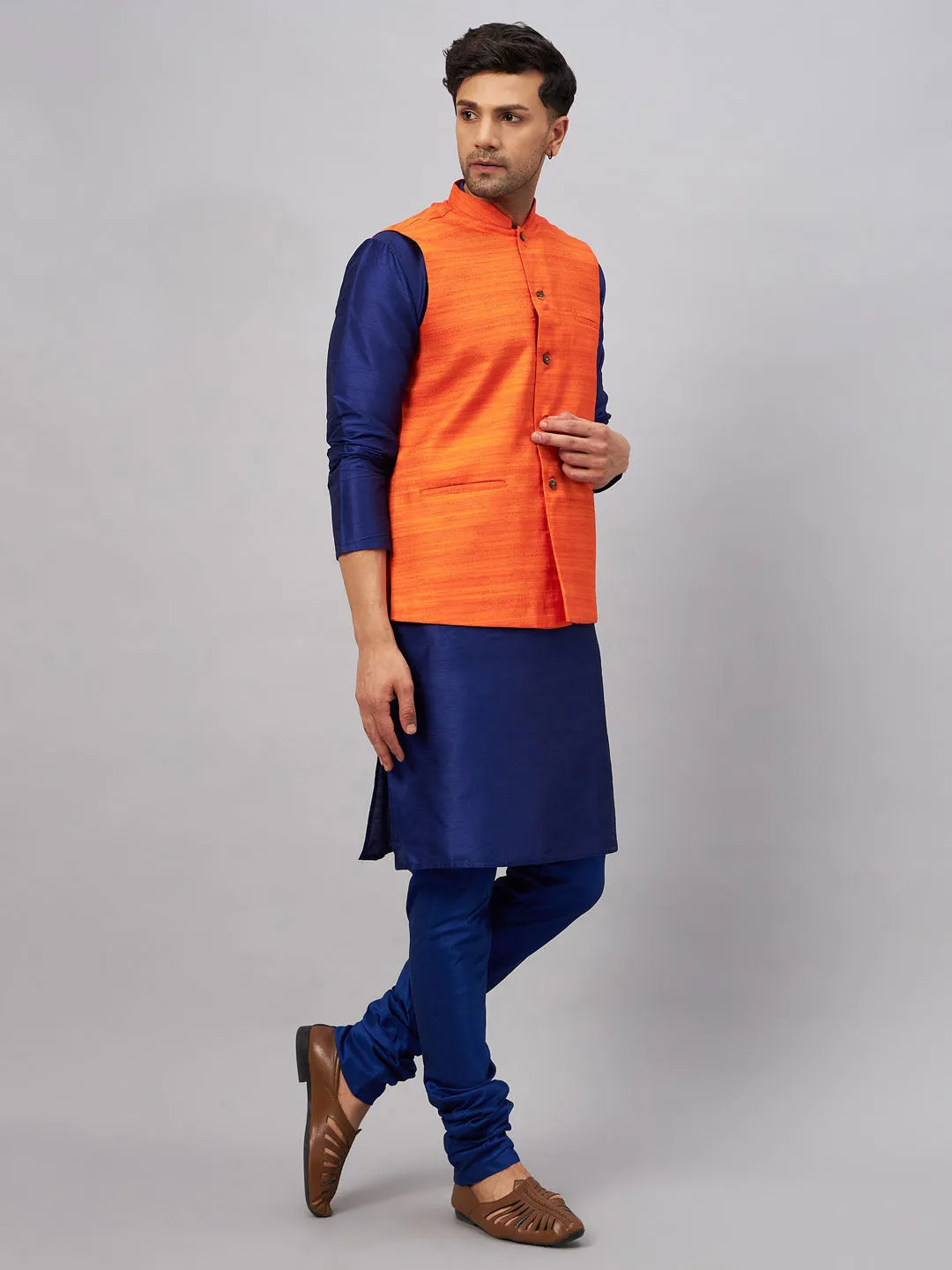 VASTRAMAY Men's Orange Jacket with Blue Silk Blend Kurta Pyjama Set