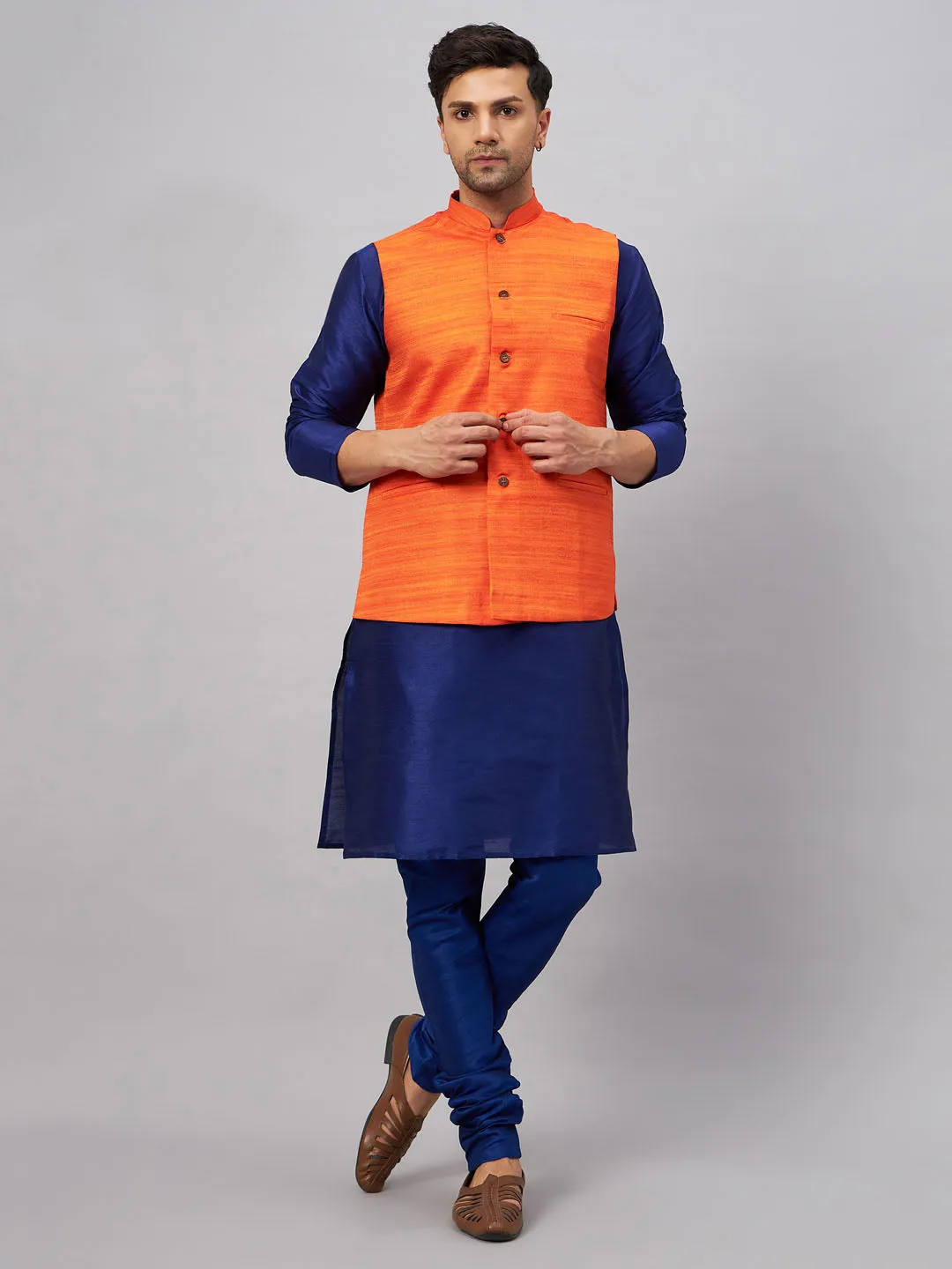 VASTRAMAY Men's Orange Jacket with Blue Silk Blend Kurta Pyjama Set