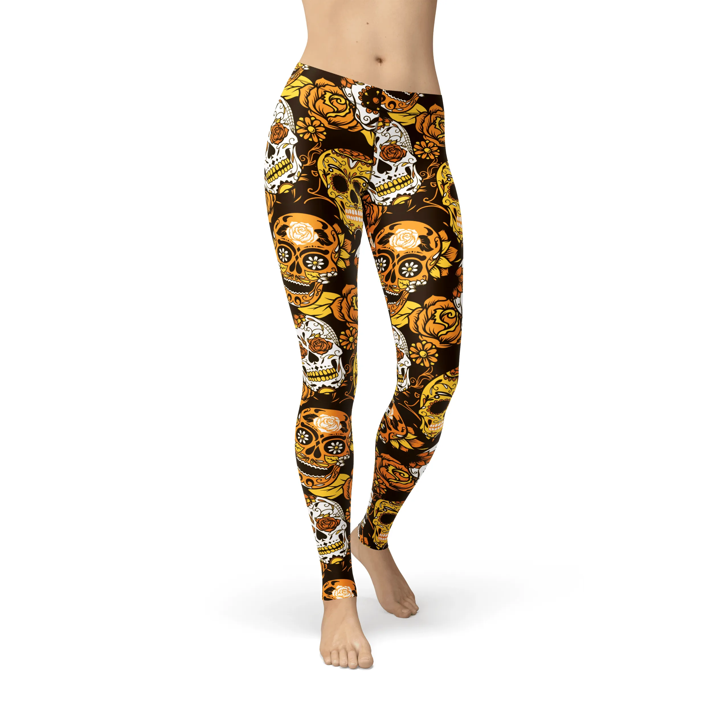 Vibrant Orange Sugar Skull Leggings