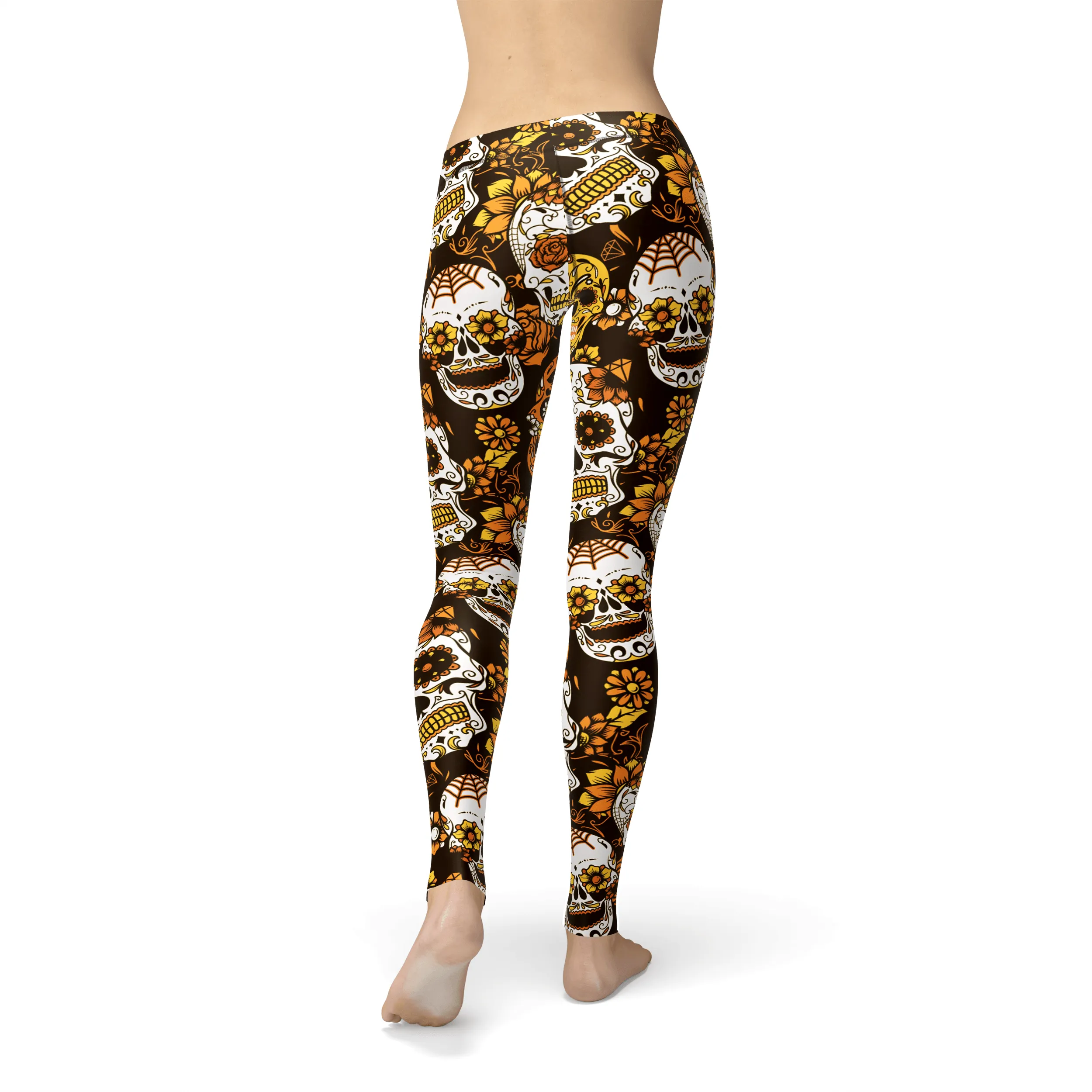 Vibrant Orange Sugar Skull Leggings