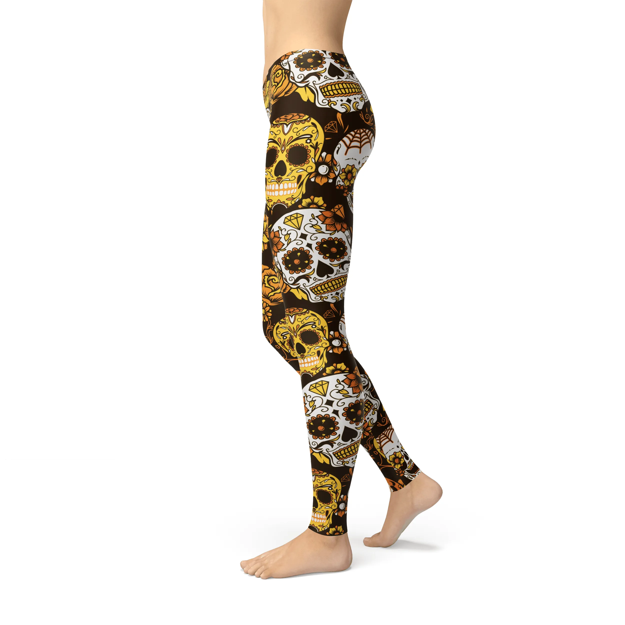 Vibrant Orange Sugar Skull Leggings