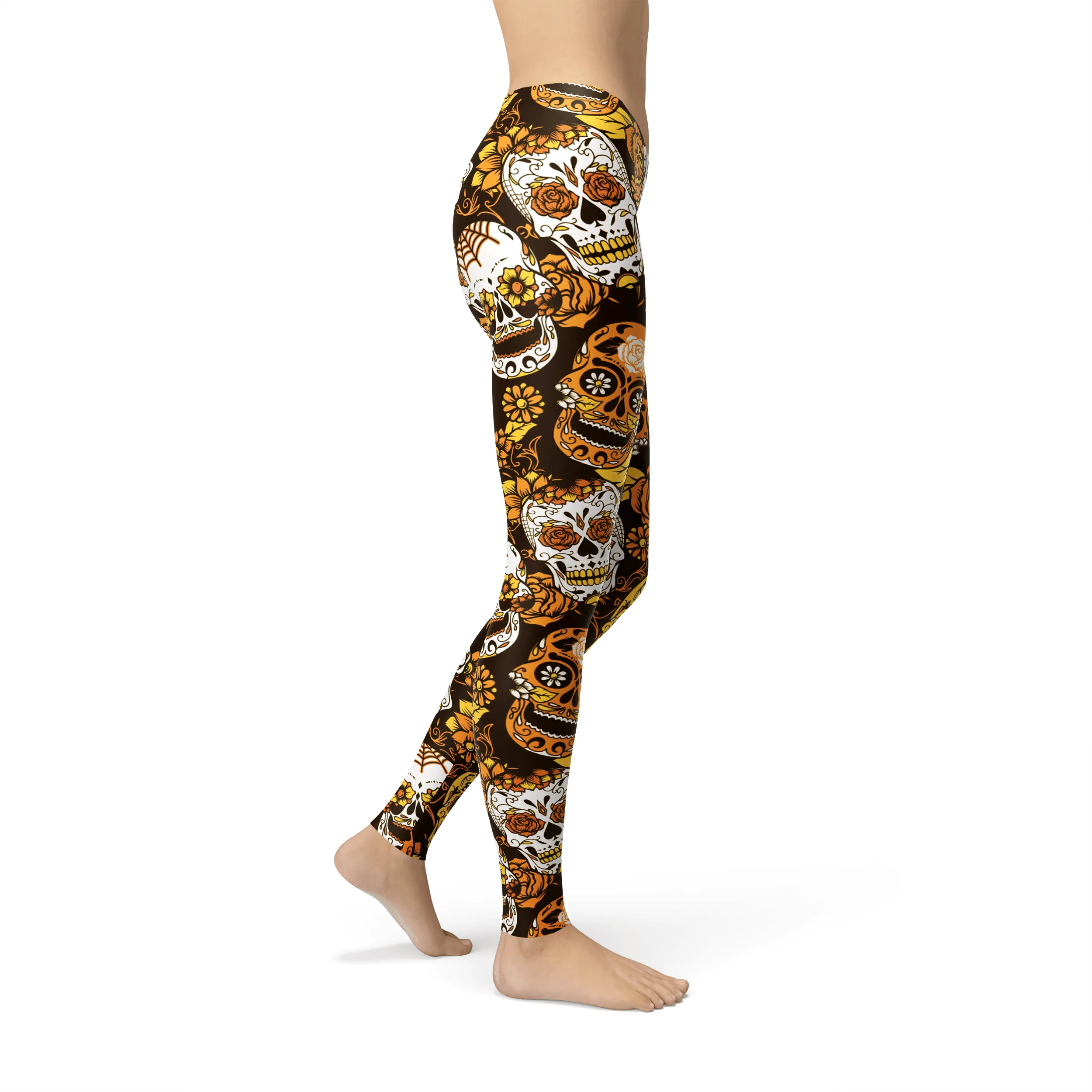 Vibrant Orange Sugar Skull Leggings