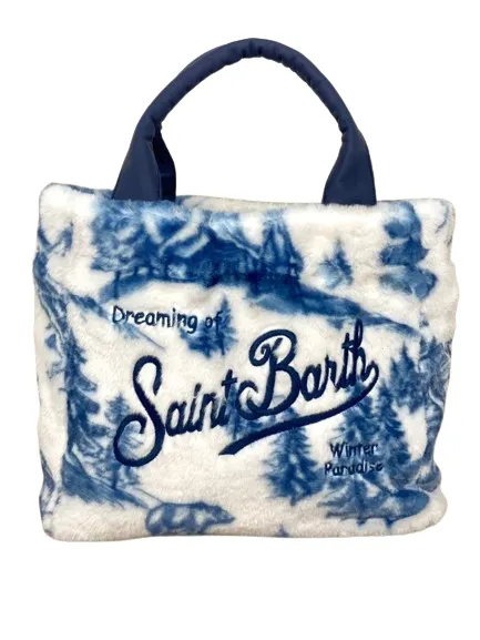 White and blue fur women's bag with front logo.