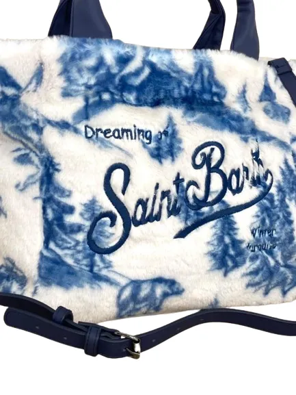 White and blue fur women's bag with front logo.