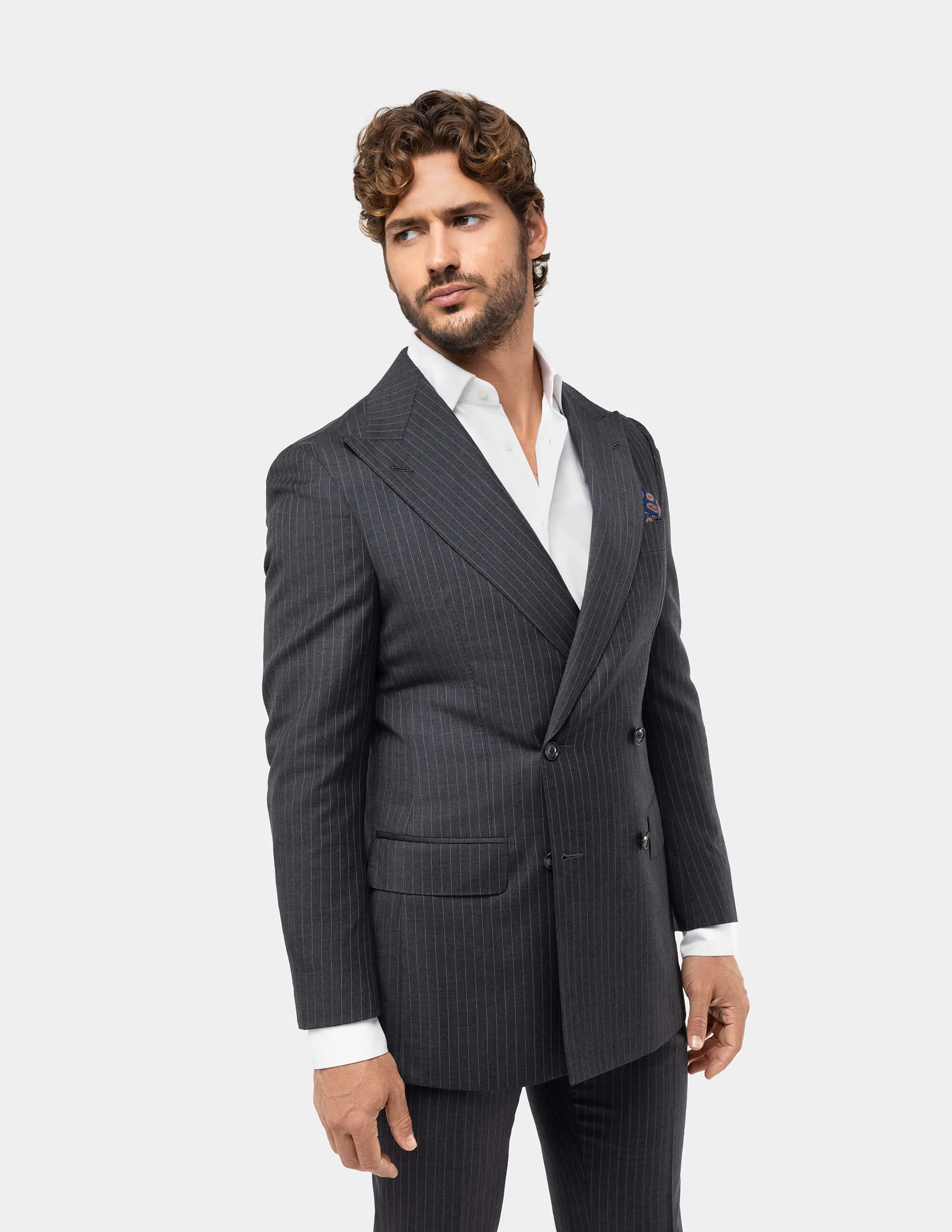 White Gray Stripes Wool Double Breasted Suit