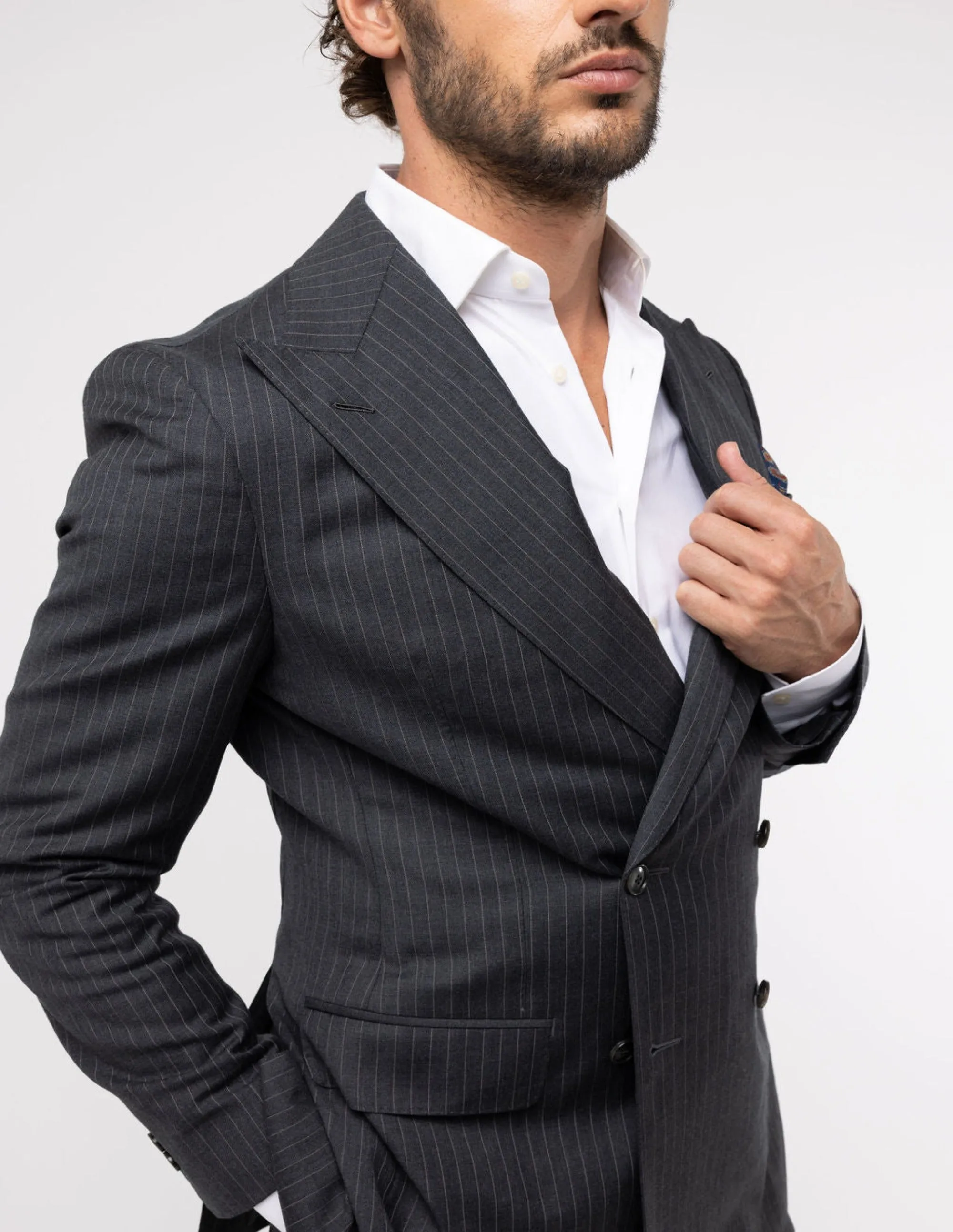 White Gray Stripes Wool Double Breasted Suit