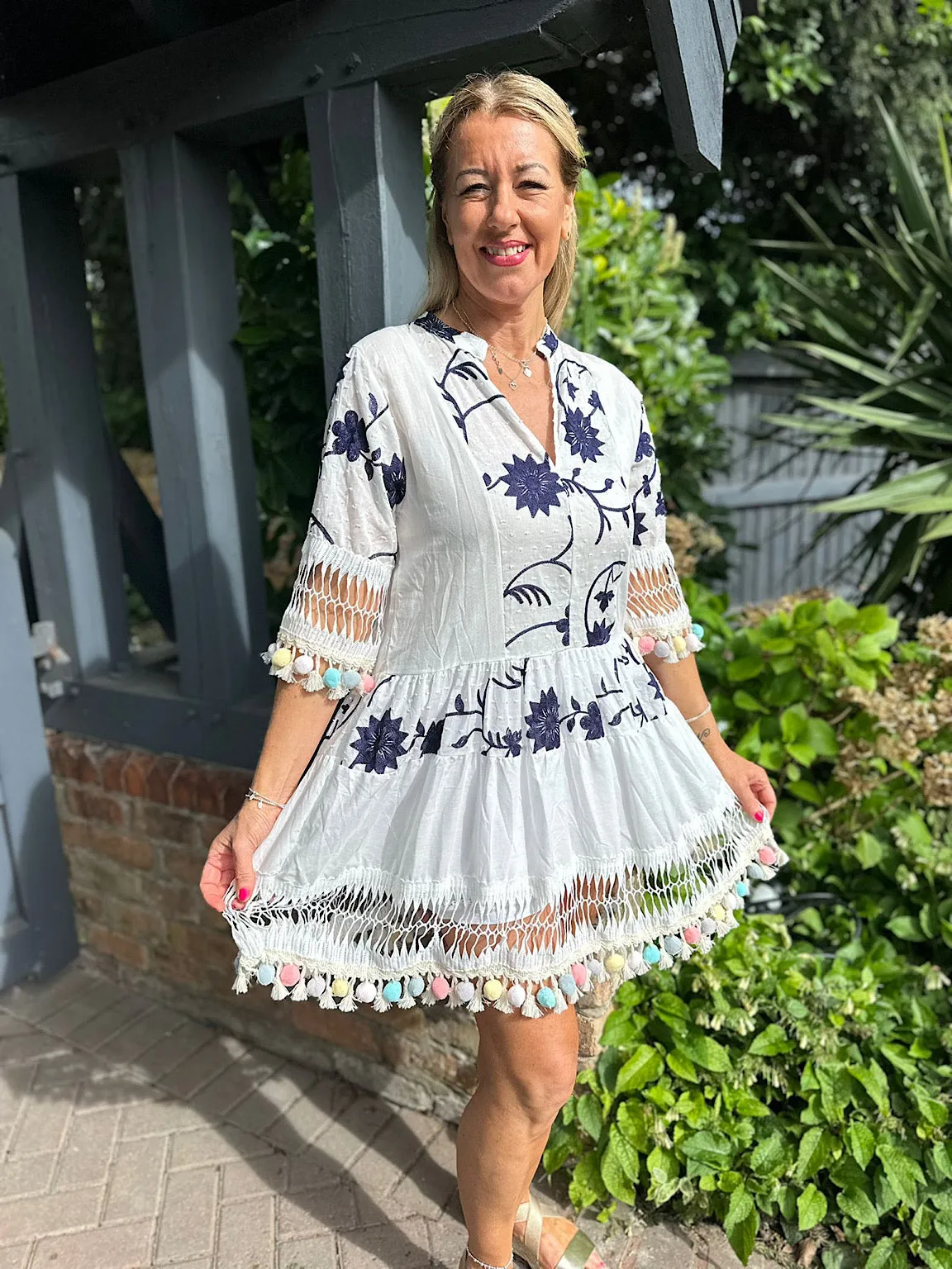 Pom Pom Dress with Luxury Flowers in White by Pria