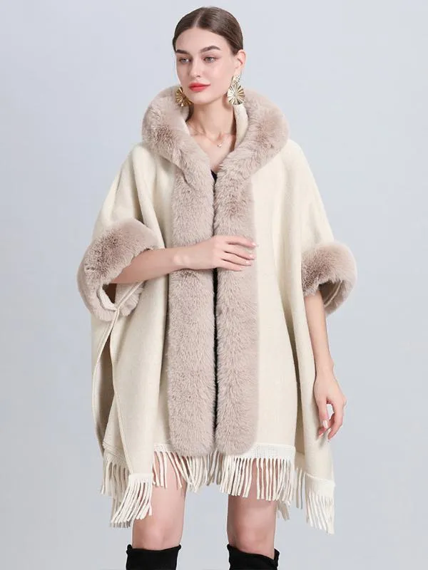 Winter Christmas Plaid Fringe Hooded Cape Coat Poncho Outerwear